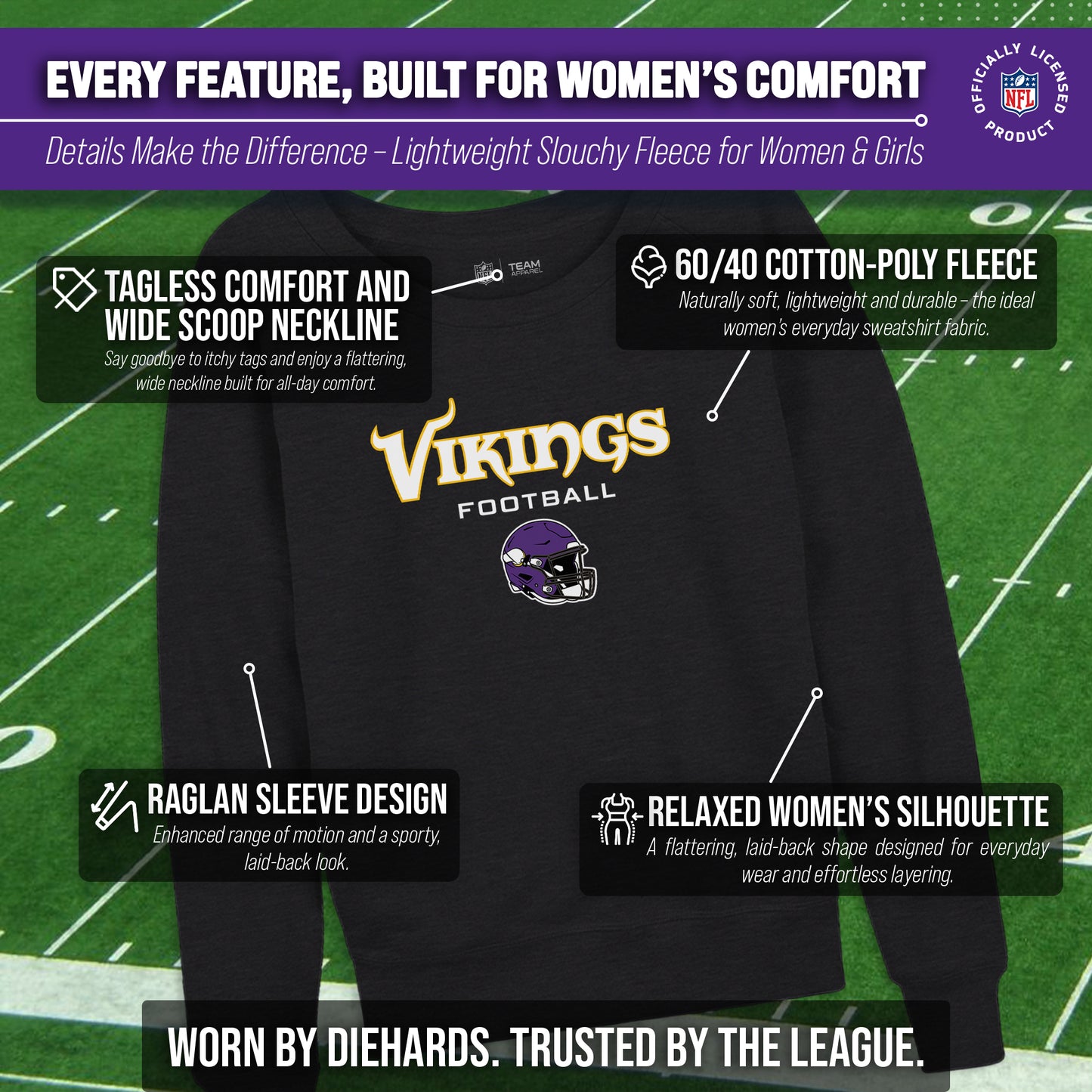 Minnesota Vikings NFL Womens Helmet French Terry Slouchy Top - Charcoal