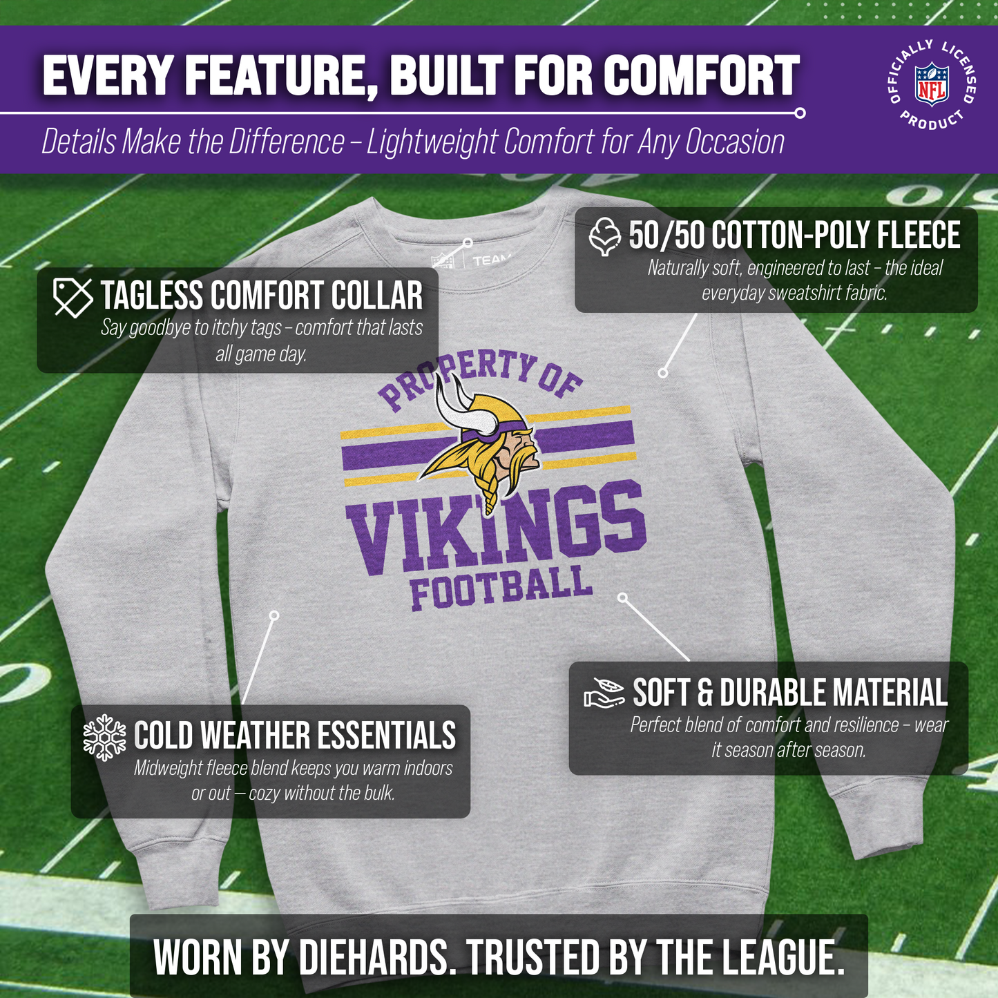 Minnesota Vikings NFL Adult Property Of Crewneck Fleece Sweatshirt - Sport Gray