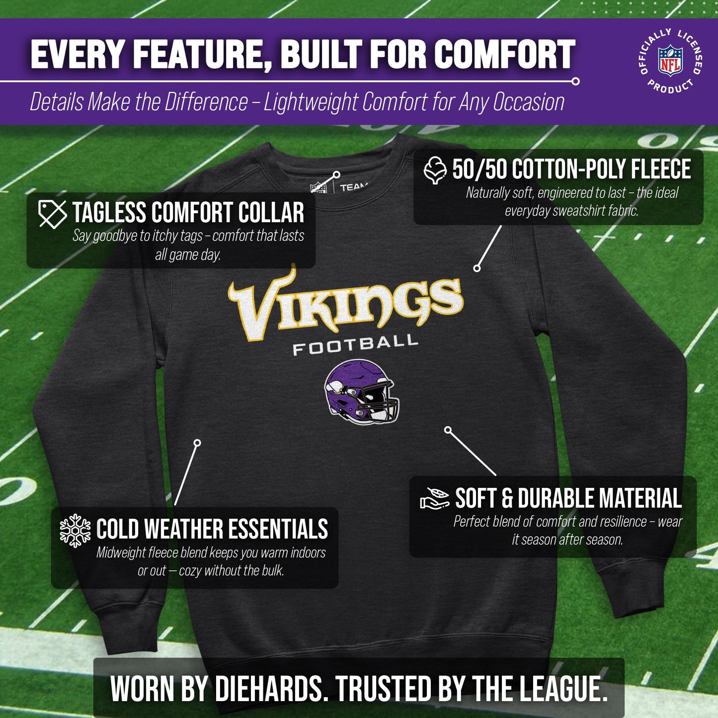 Minnesota Vikings Adult NFL Football Helmet Heather Crewneck Sweatshirt - Charcoal