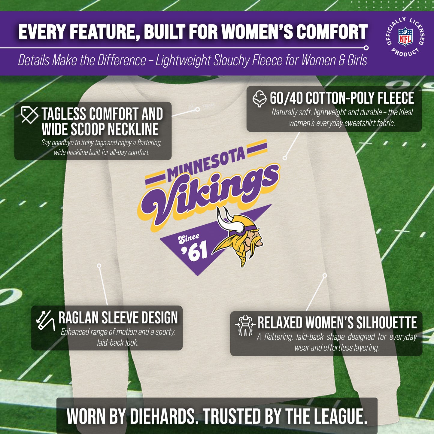 Minnesota Vikings NFL Womens Vintage Charm French Terry Slouchy Top - Birch