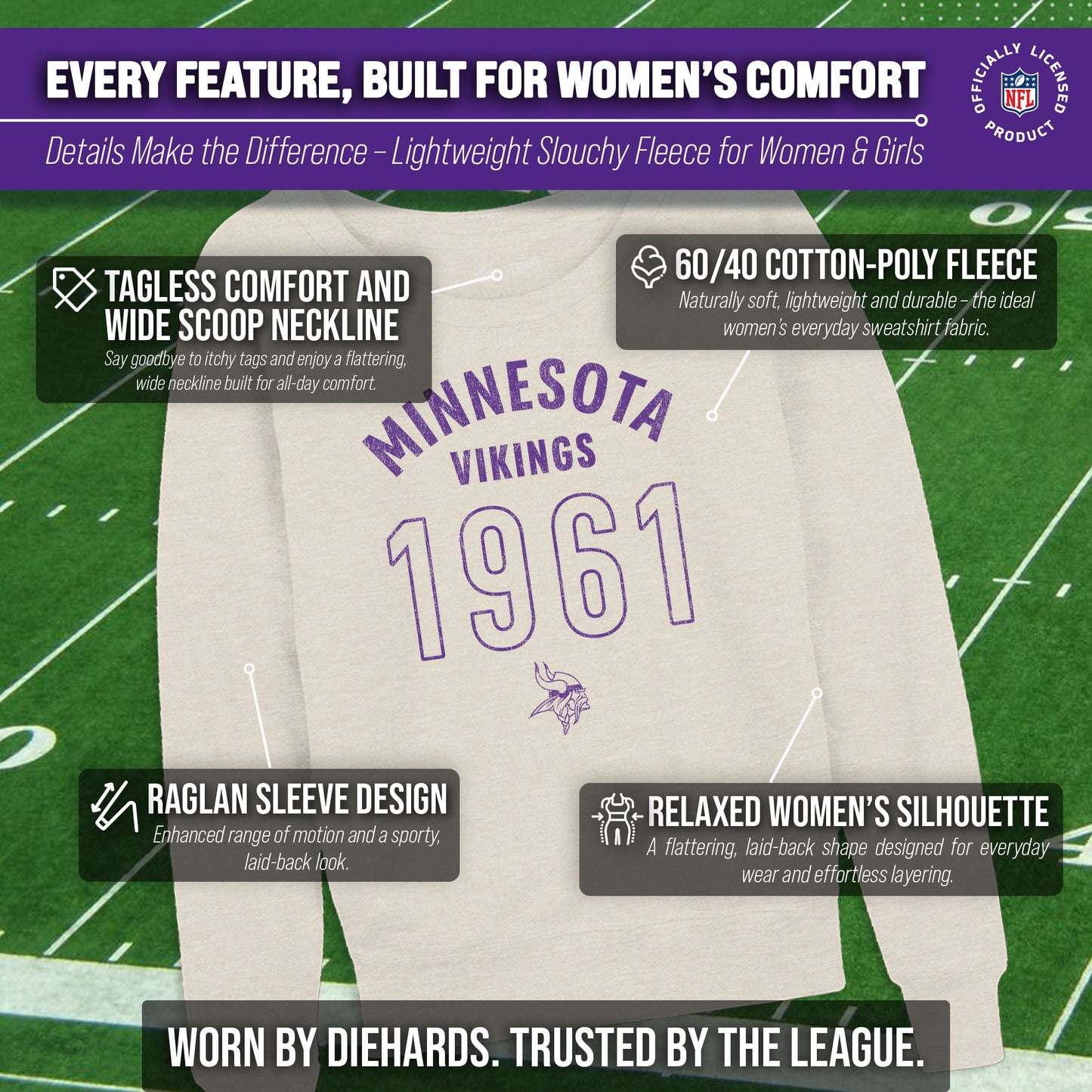 Minnesota Vikings NFL Womens Big Date French Terry Slouchy Top - Natural