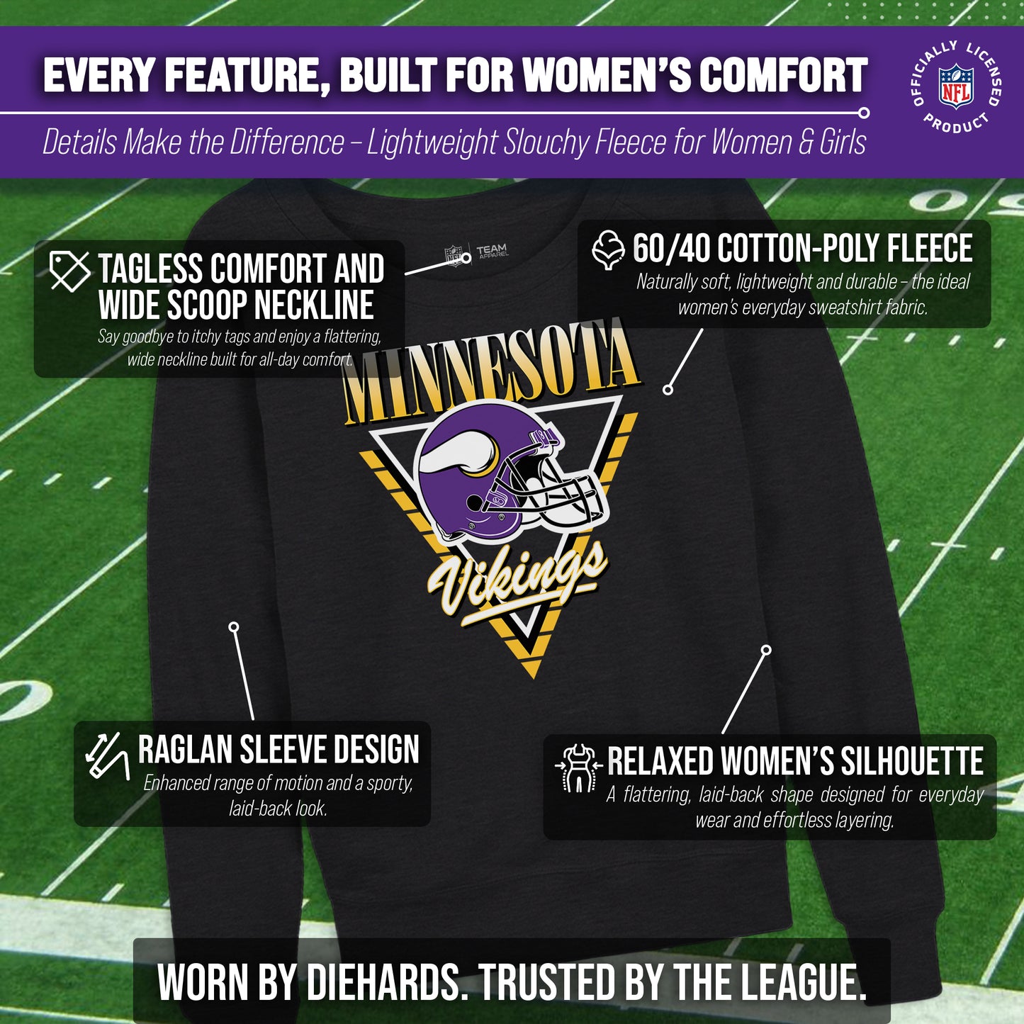 Minnesota Vikings NFL Womens Retro Triangle French Terry Slouchy Top- Raglan Sleeves - Heather Charcoal
