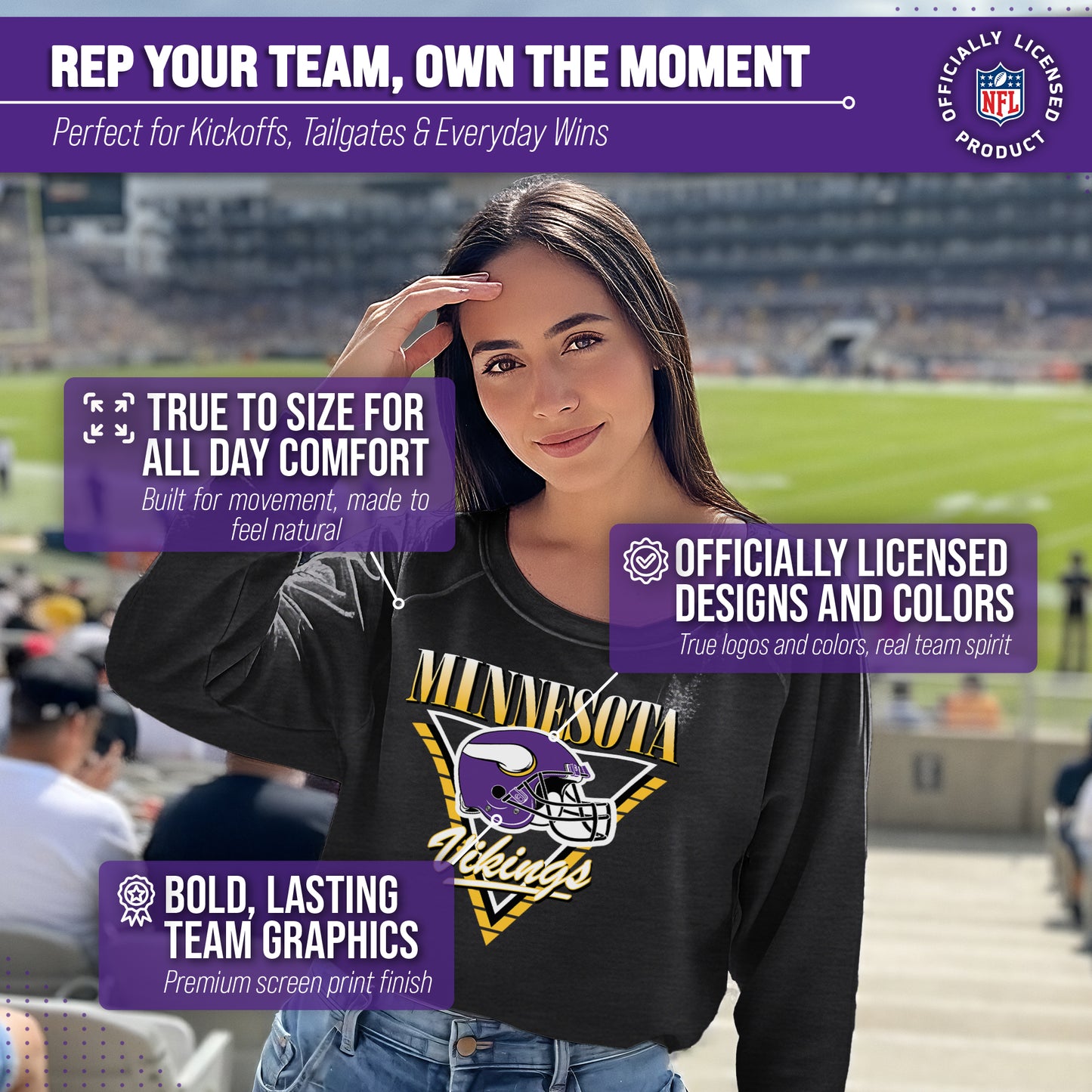 Minnesota Vikings NFL Womens Retro Triangle French Terry Slouchy Top- Raglan Sleeves - Heather Charcoal