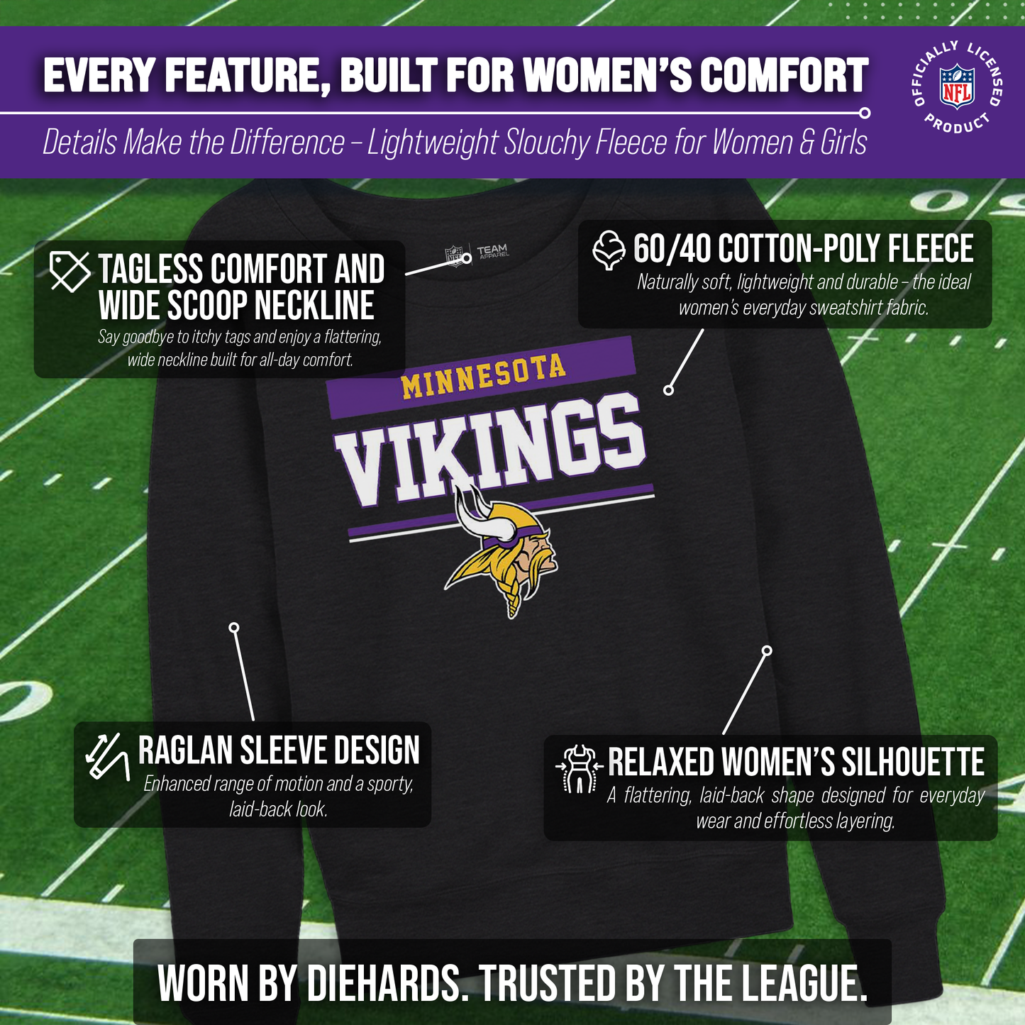 Minnesota Vikings NFL Womens Team Block French Terry Slouchy Top - Charcoal