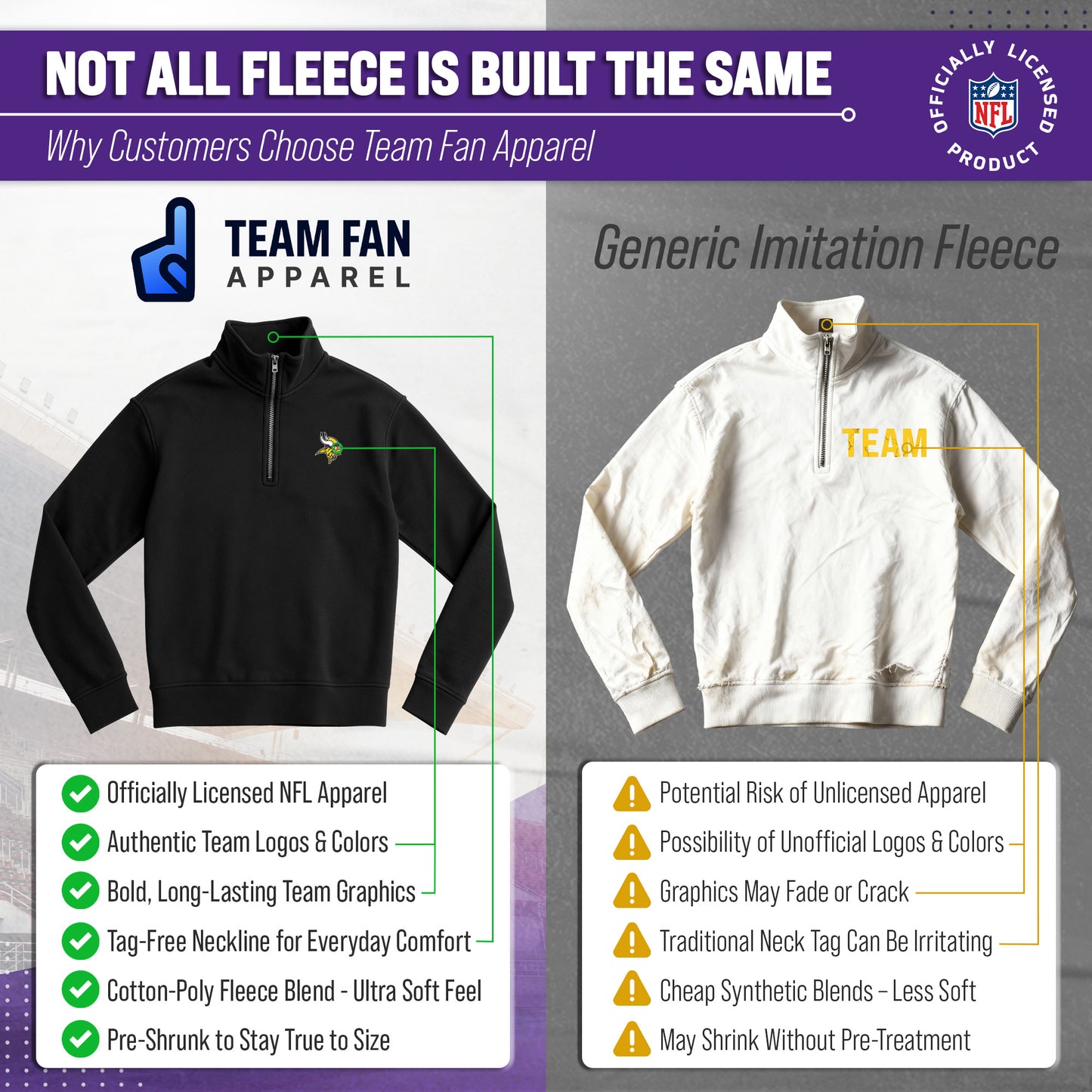 Minnesota Vikings NFL Adult Unisex Team Logo Quarter Zip Pullover Sweatshirt - Black