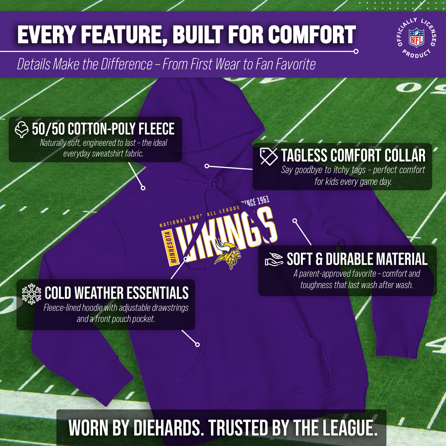 Minnesota Vikings NFL Adult Unisex Modern Endzone Soft Fleece Hooded Sweatshirt - Purple