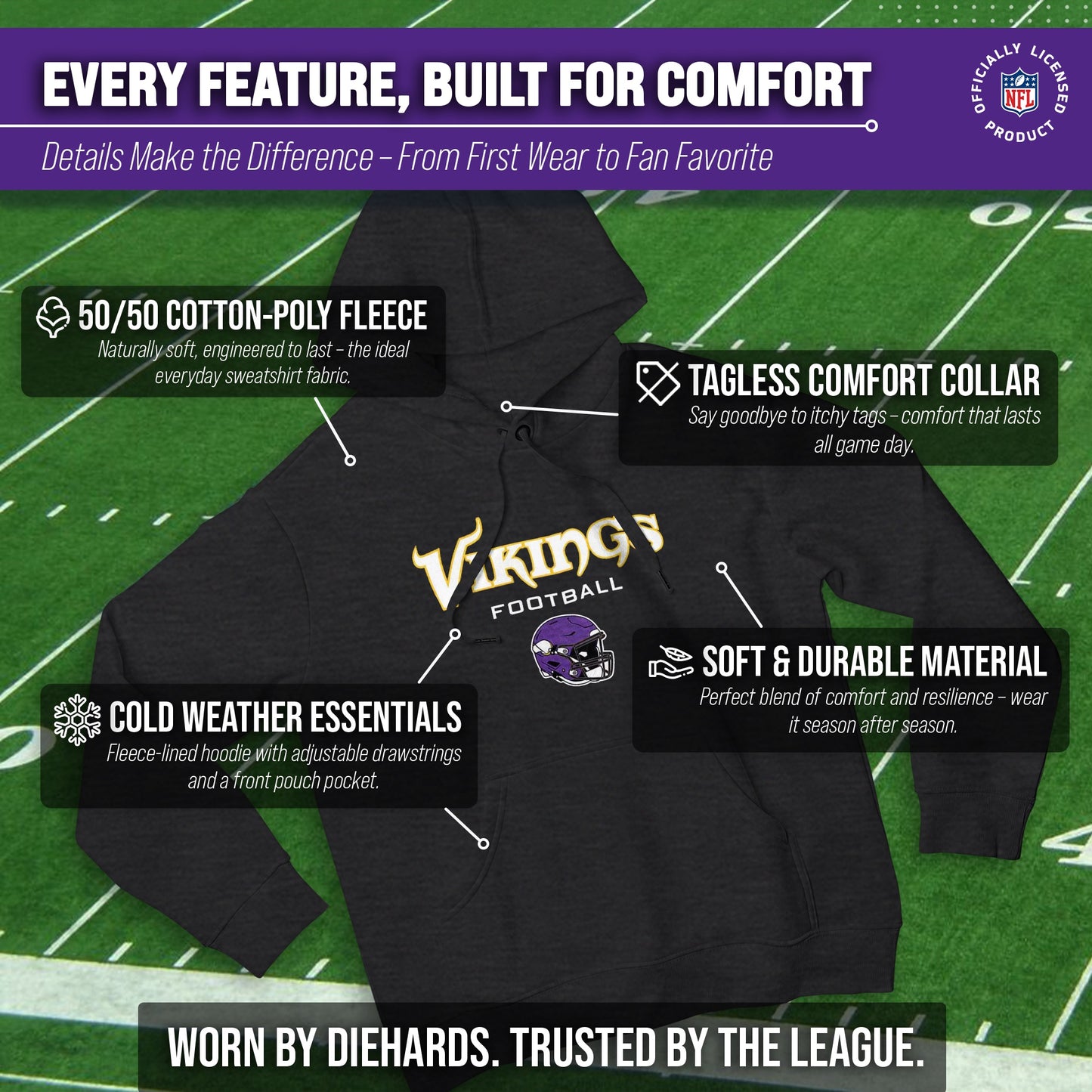 Minnesota Vikings Adult NFL Football Helmet Heather Hooded Sweatshirt  - Charcoal