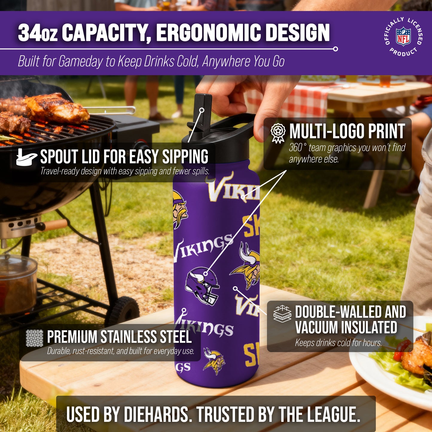 Minnesota Vikings NFL 34oz Quencher Stainless Steel Insulated Water Bottle - Purple