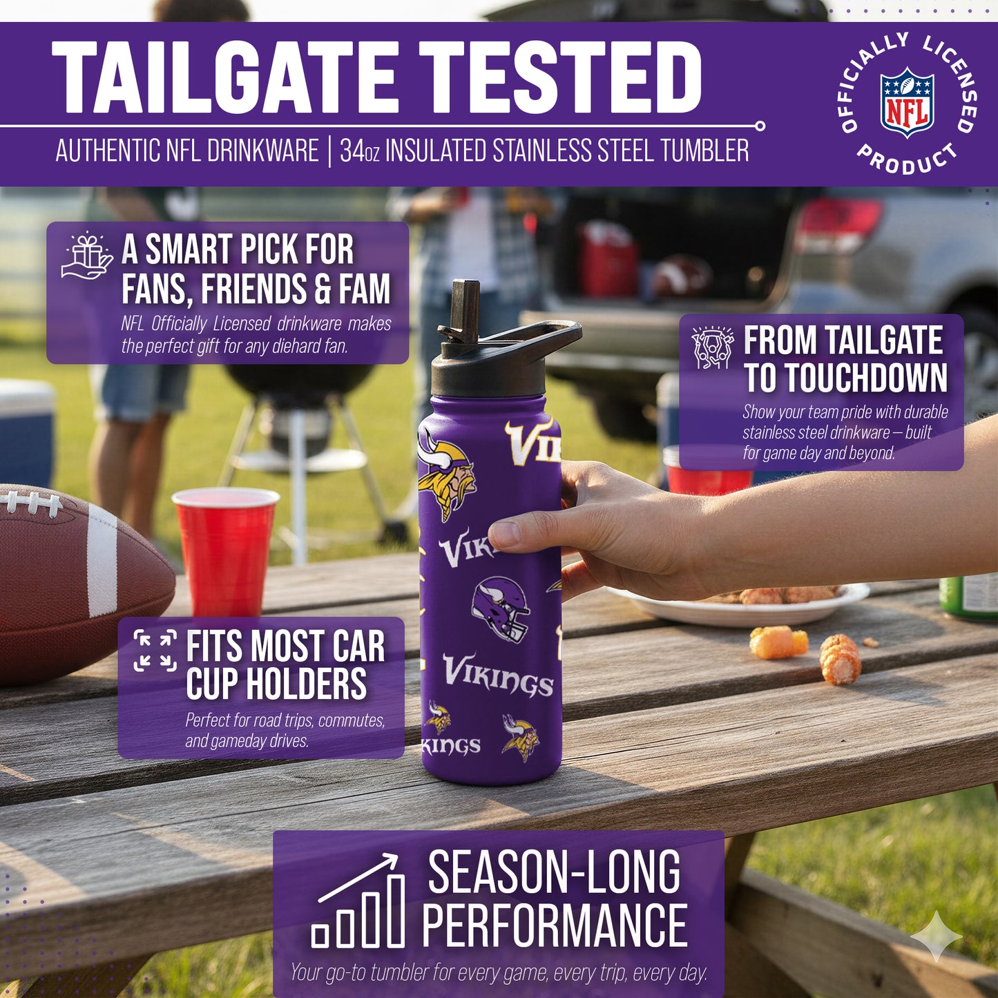 Minnesota Vikings NFL 34oz Quencher Stainless Steel Insulated Water Bottle - Purple