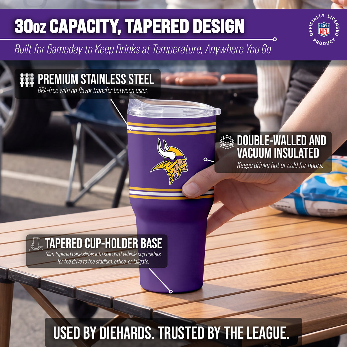 Minnesota Vikings  30 oz Stripe Powder Coat Tumbler | NFL Stainless - Purple