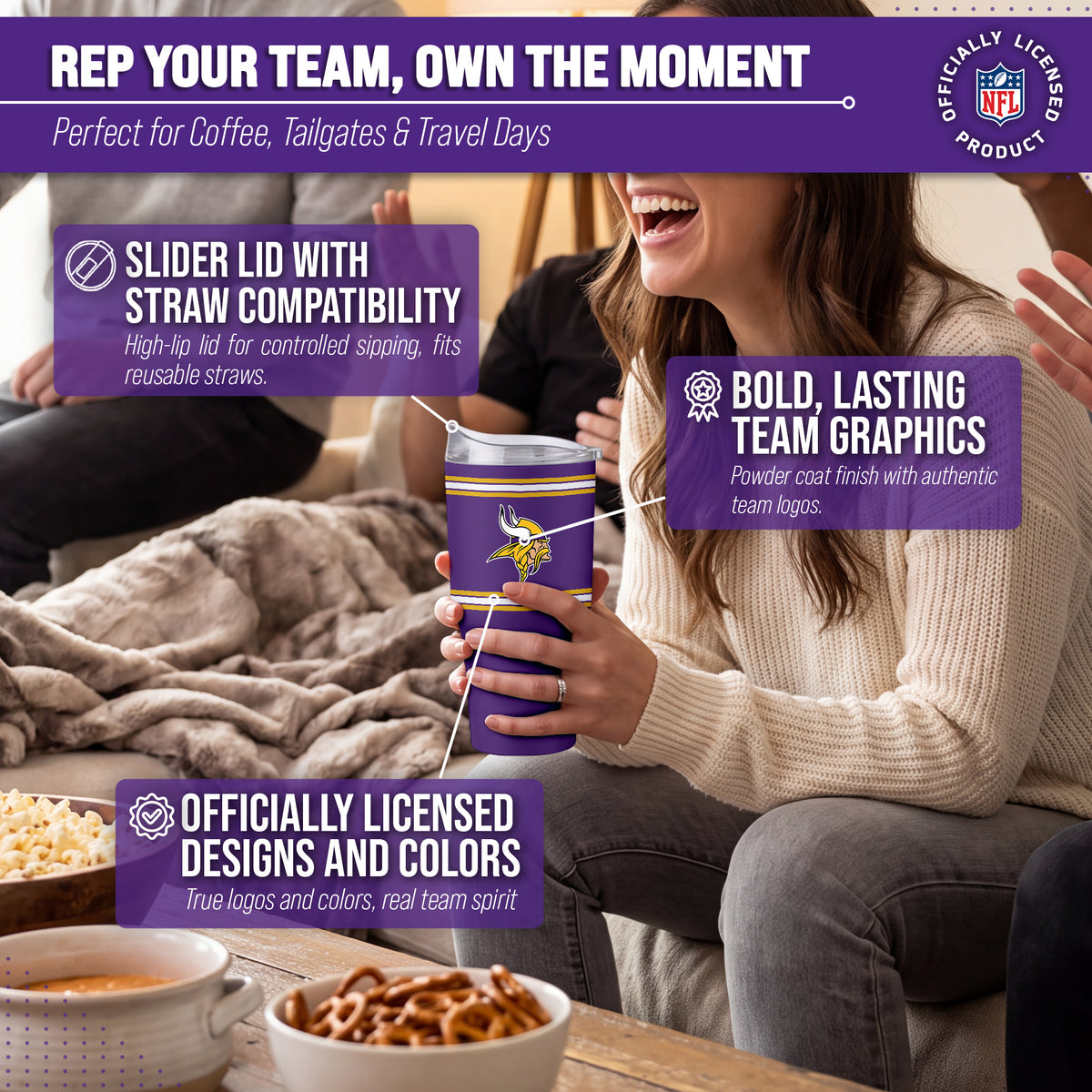 Minnesota Vikings  30 oz Stripe Powder Coat Tumbler | NFL Stainless - Purple