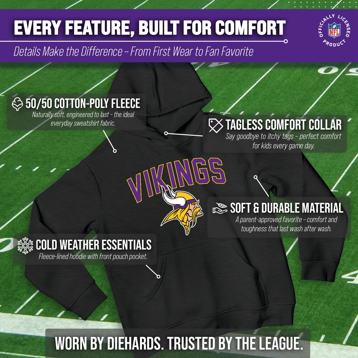 Minnesota Vikings NFL Youth Home Team Hoodie- Kids Hooded Sweatshirt - Black