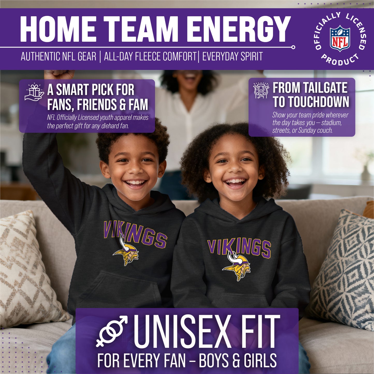 Minnesota Vikings NFL Youth Home Team Hoodie- Kids Hooded Sweatshirt - Black