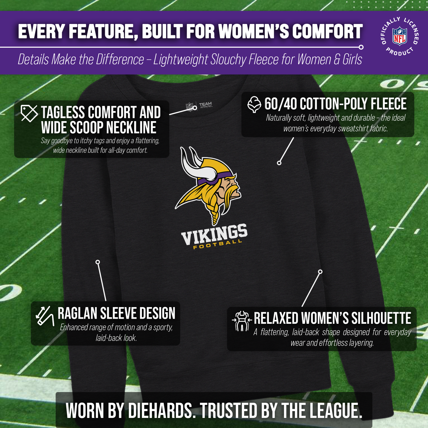 Minnesota Vikings NFL Womens Ultimate Fan French Terry Slouchy Top- Raglan Sleeves - Charcoal