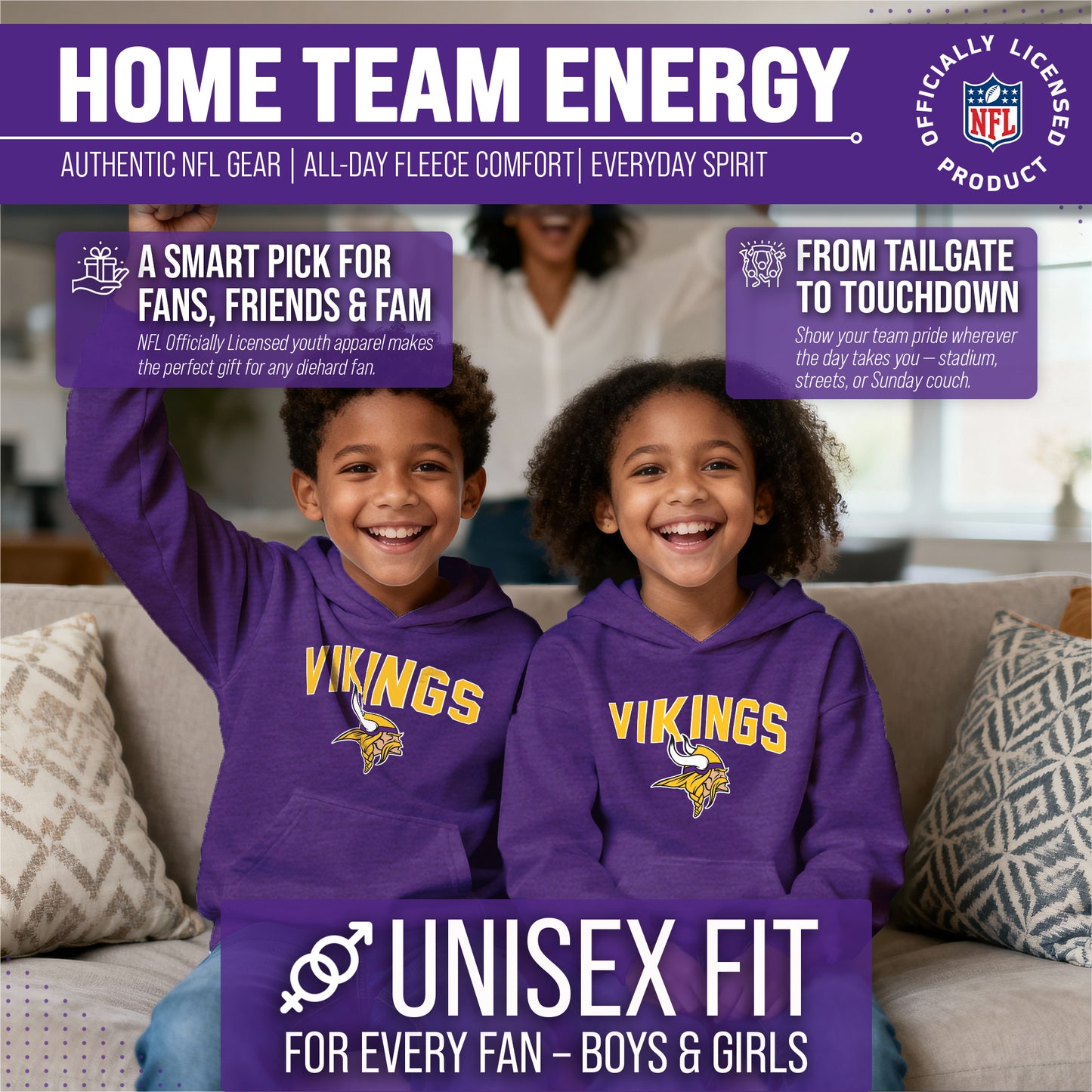 Minnesota Vikings NFL Youth Home Team Hoodie- Kids Hooded Sweatshirt - Purple