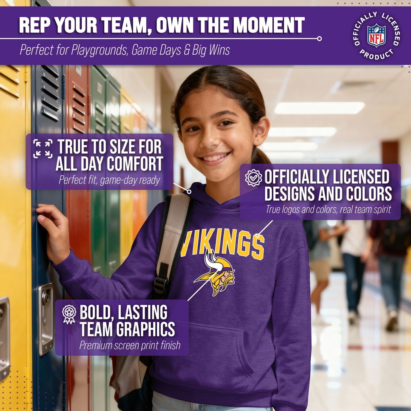 Minnesota Vikings NFL Youth Home Team Hoodie- Kids Hooded Sweatshirt - Purple