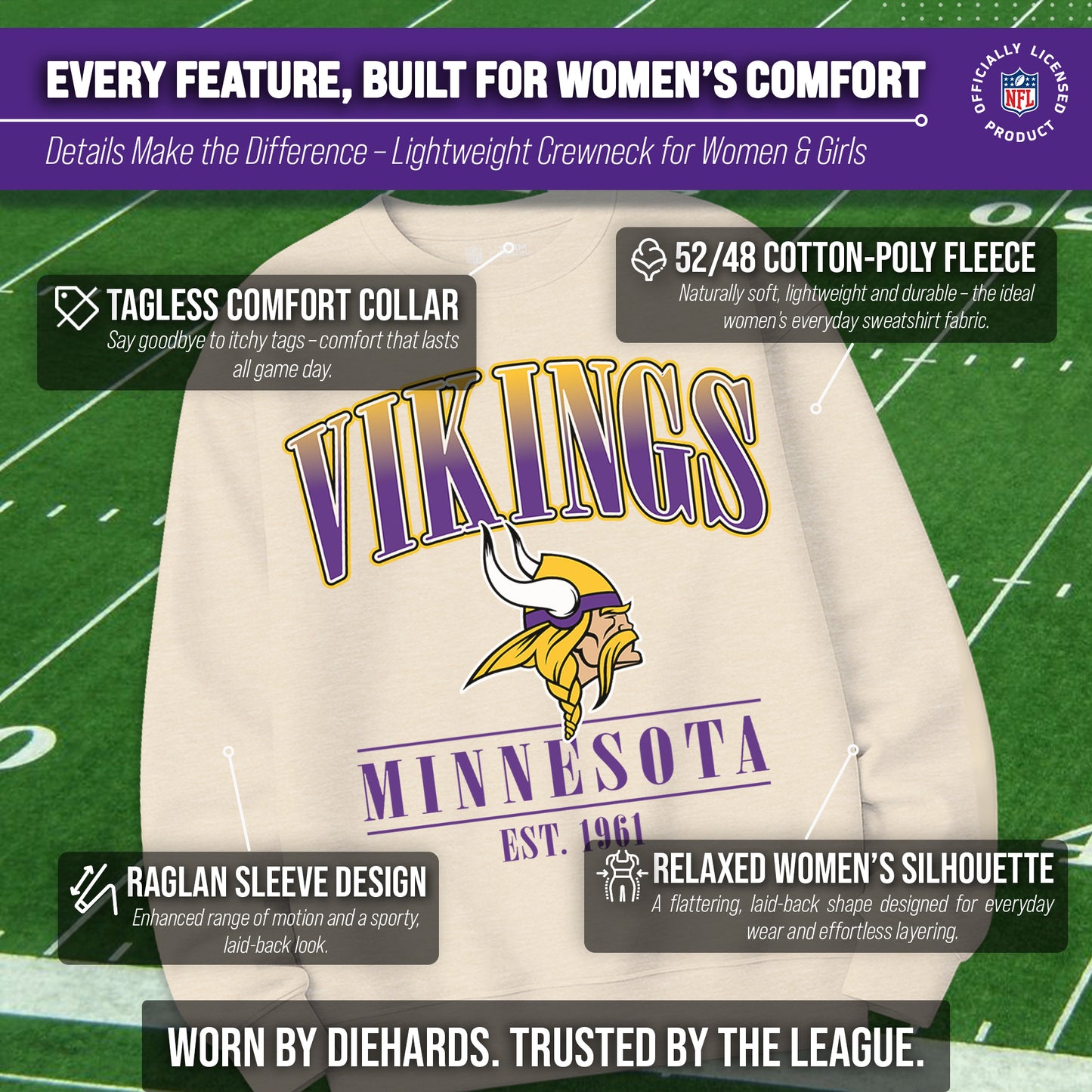 Minnesota Vikings Womens NFL Starstruck Crewneck Pullover - Cream