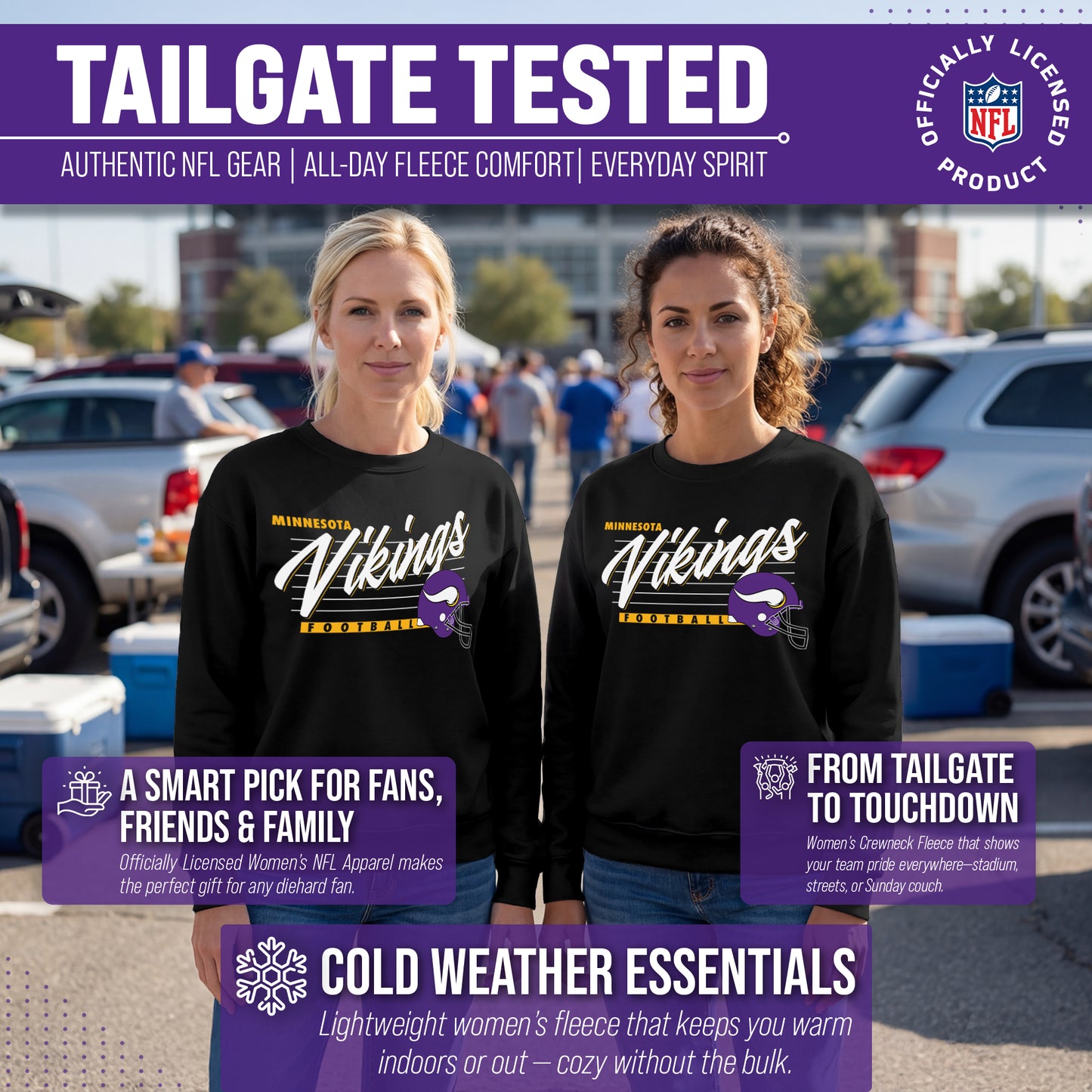 Minnesota Vikings Womens NFL Scrimmage Line Crewneck Pullover - Black
