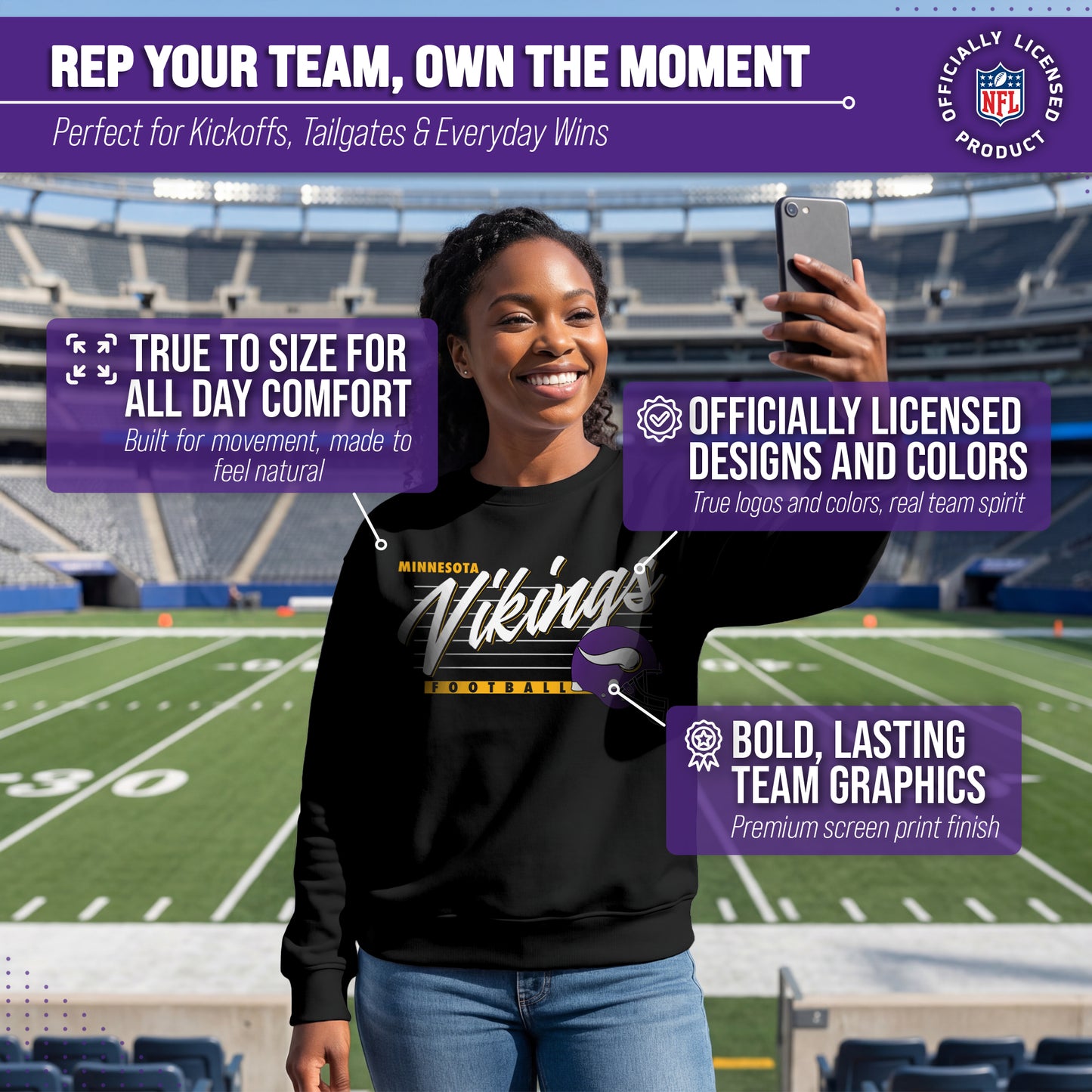 Minnesota Vikings Womens NFL Scrimmage Line Crewneck Pullover - Black
