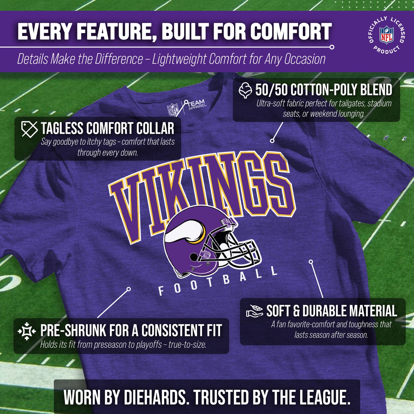 Minnesota Vikings NFL Adult All Star Heather Tag-Less T-Shirt - Purple Heather