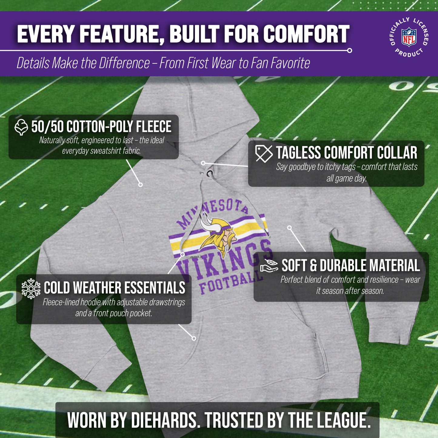 Minnesota Vikings NFL Team Stripe Hooded Sweatshirt- Soft Pullover Sports Hoodie For Men & Women - Sport Gray