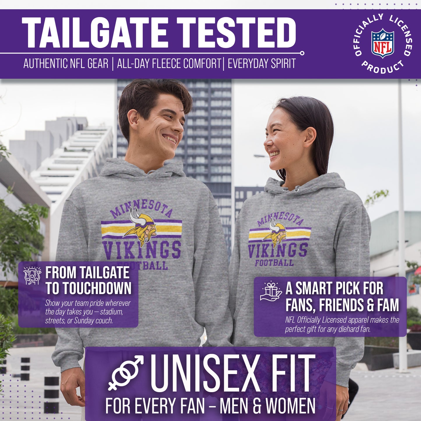 Minnesota Vikings NFL Team Stripe Hooded Sweatshirt- Soft Pullover Sports Hoodie For Men & Women - Sport Gray