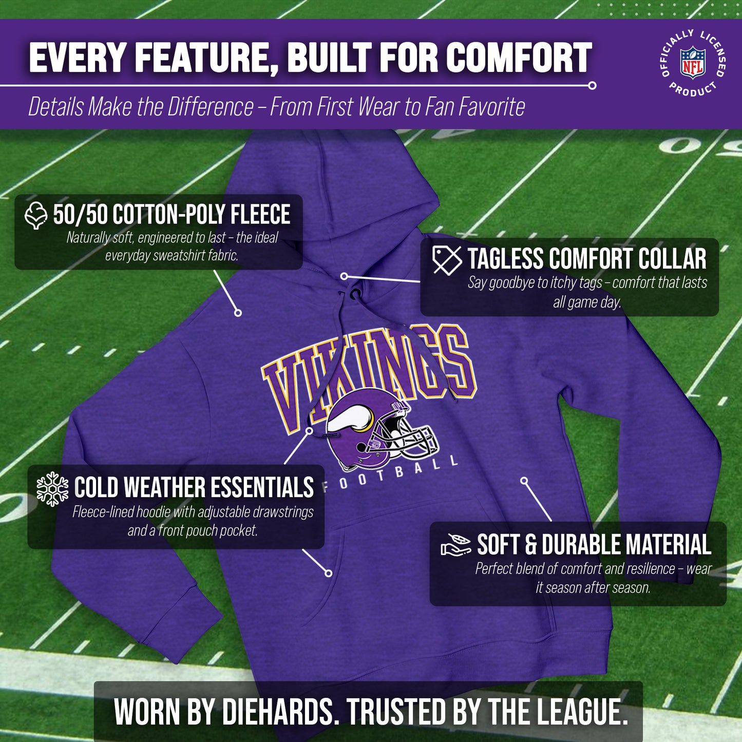 Minnesota Vikings NFL Adult Unisex All Star Soft Fleece Hooded Sweatshirt - Purple Heather