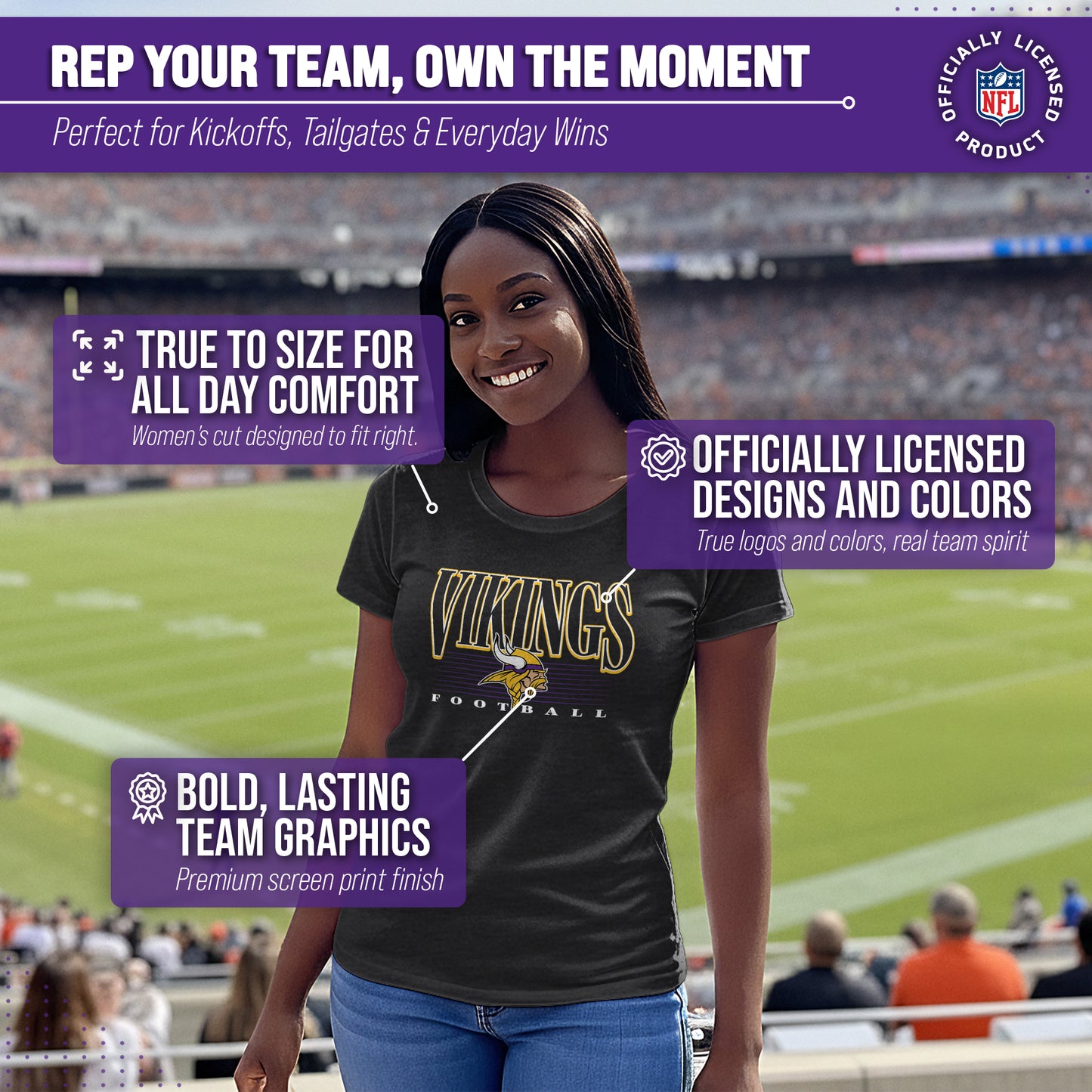 Minnesota Vikings NFL Womens Overtime Blueprint Tag-Less T-Shirt - Black