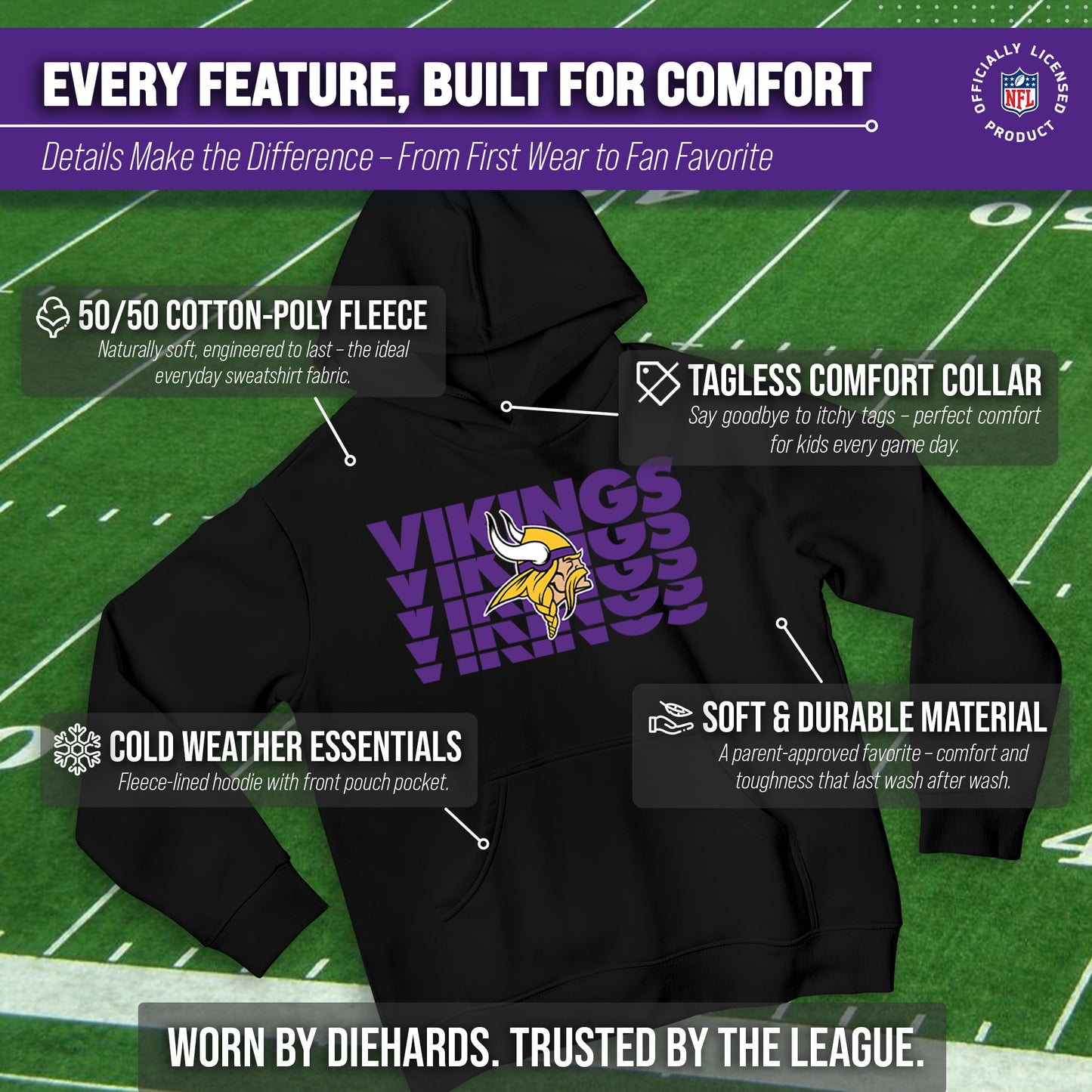 Minnesota Vikings NFL Youth Repeating Logo Football Fleece Hooded Sweatshirt - Black