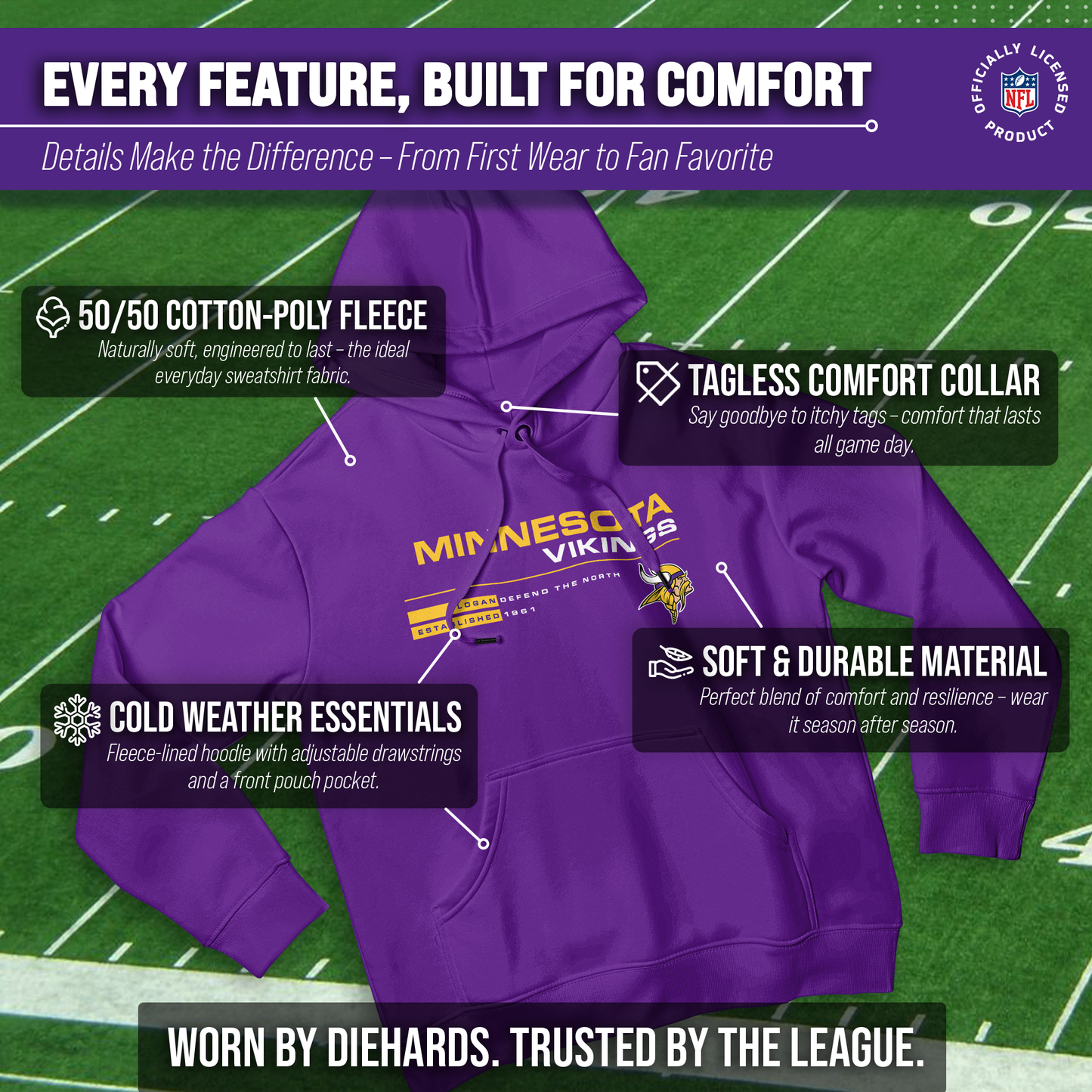 Minnesota Vikings Adult NFL Speed Stat Sheet Fleece Hooded Sweatshirt - Purple