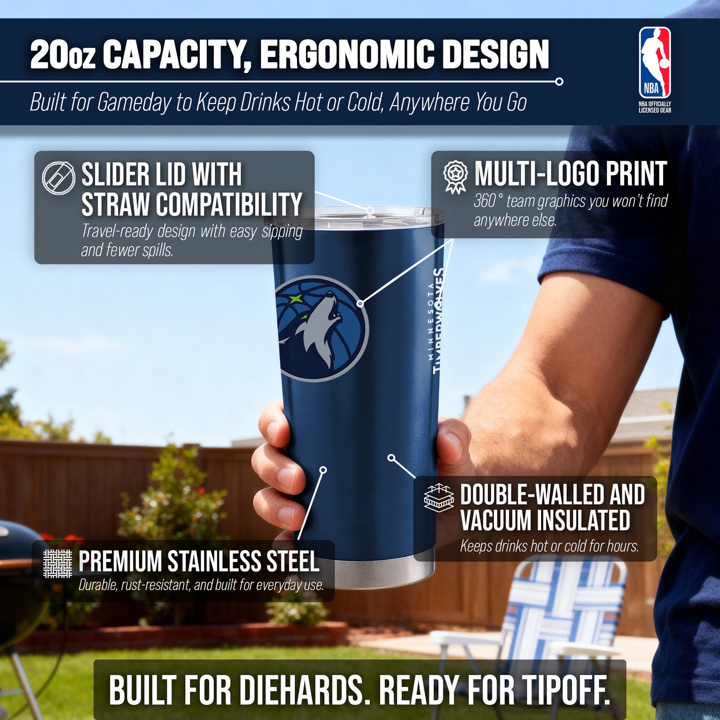 Minnesota Timberwolves NBA Basketball 20oz Stainless Steel Vacuum Insulated Game Day Tumbler with Silicone Grip - Navy