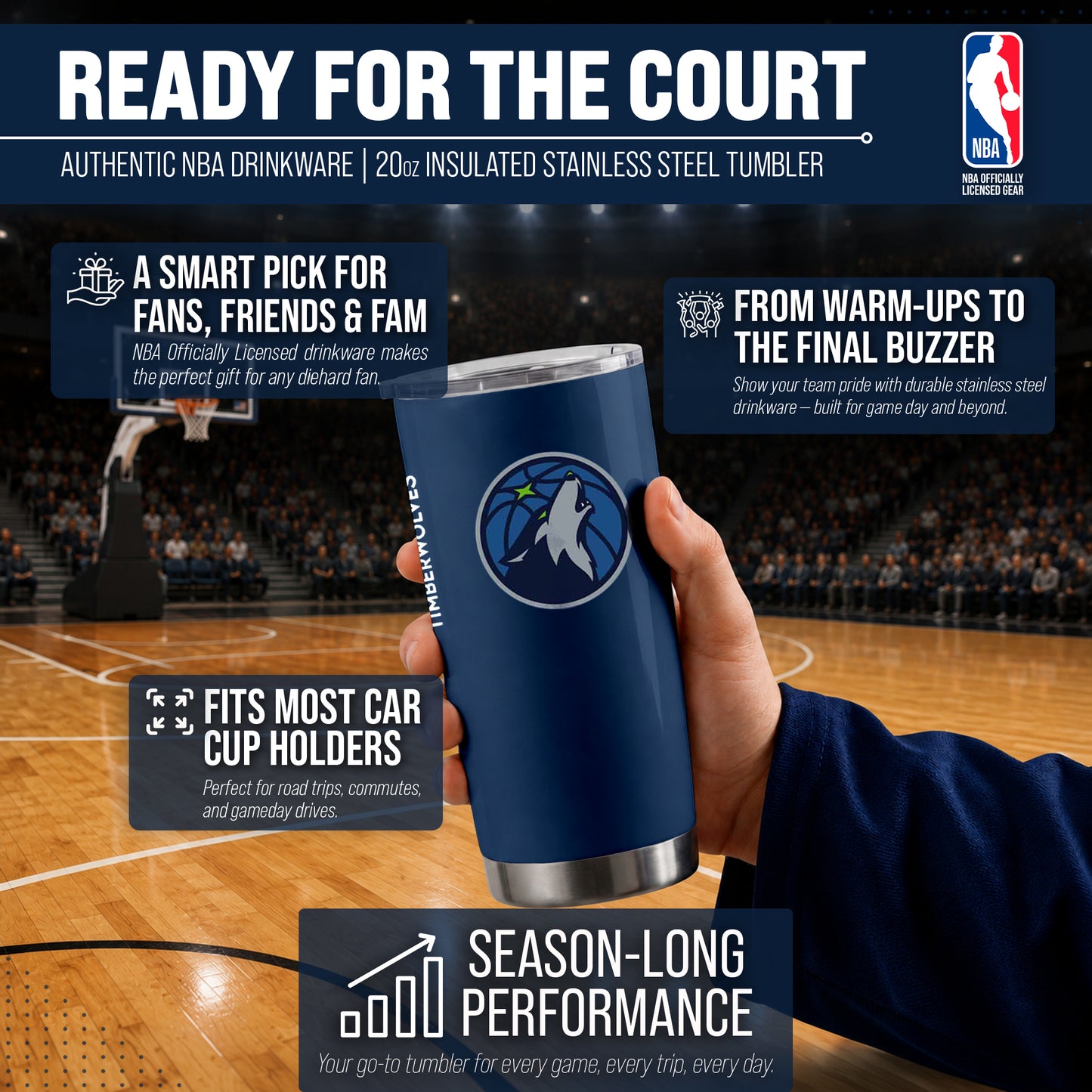 Minnesota Timberwolves NBA Basketball 20oz Stainless Steel Vacuum Insulated Game Day Tumbler with Silicone Grip - Navy