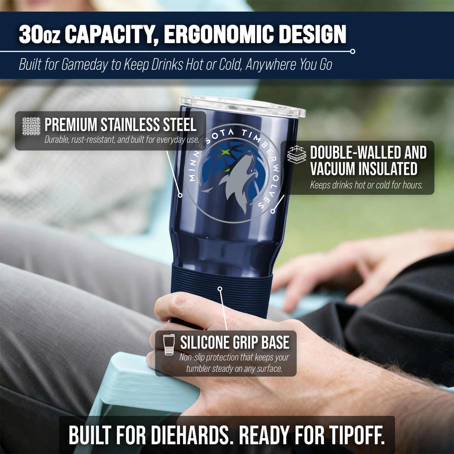 Minnesota Timberwolves NBA Basketball 30oz Stainless Steel Vacuum Insulated Game Day Tumbler with Silicone Grip - Navy