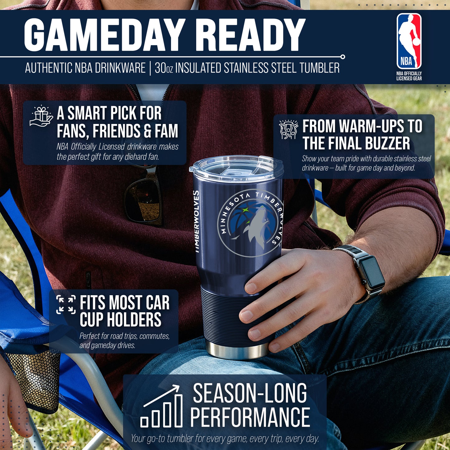 Minnesota Timberwolves NBA Basketball 30oz Stainless Steel Vacuum Insulated Game Day Tumbler with Silicone Grip - Navy