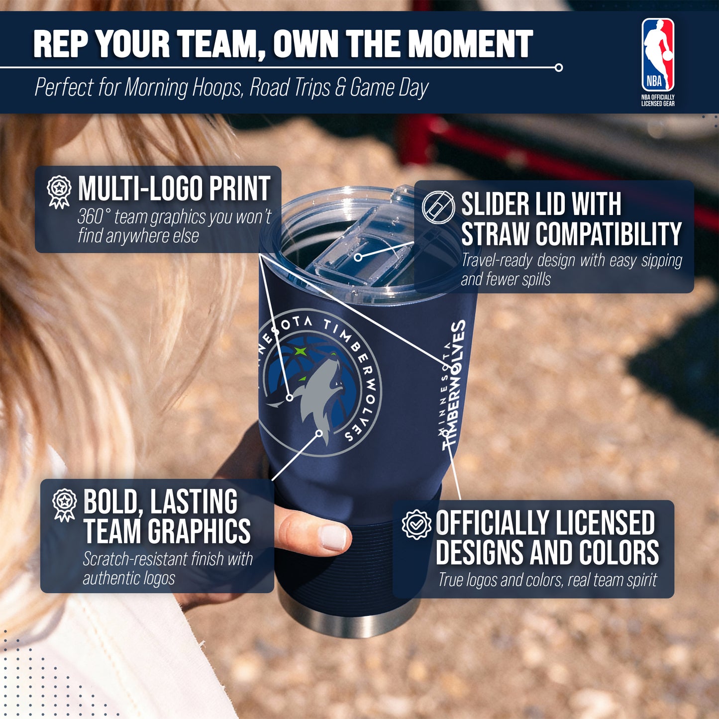 Minnesota Timberwolves NBA Basketball 30oz Stainless Steel Vacuum Insulated Game Day Tumbler with Silicone Grip - Navy
