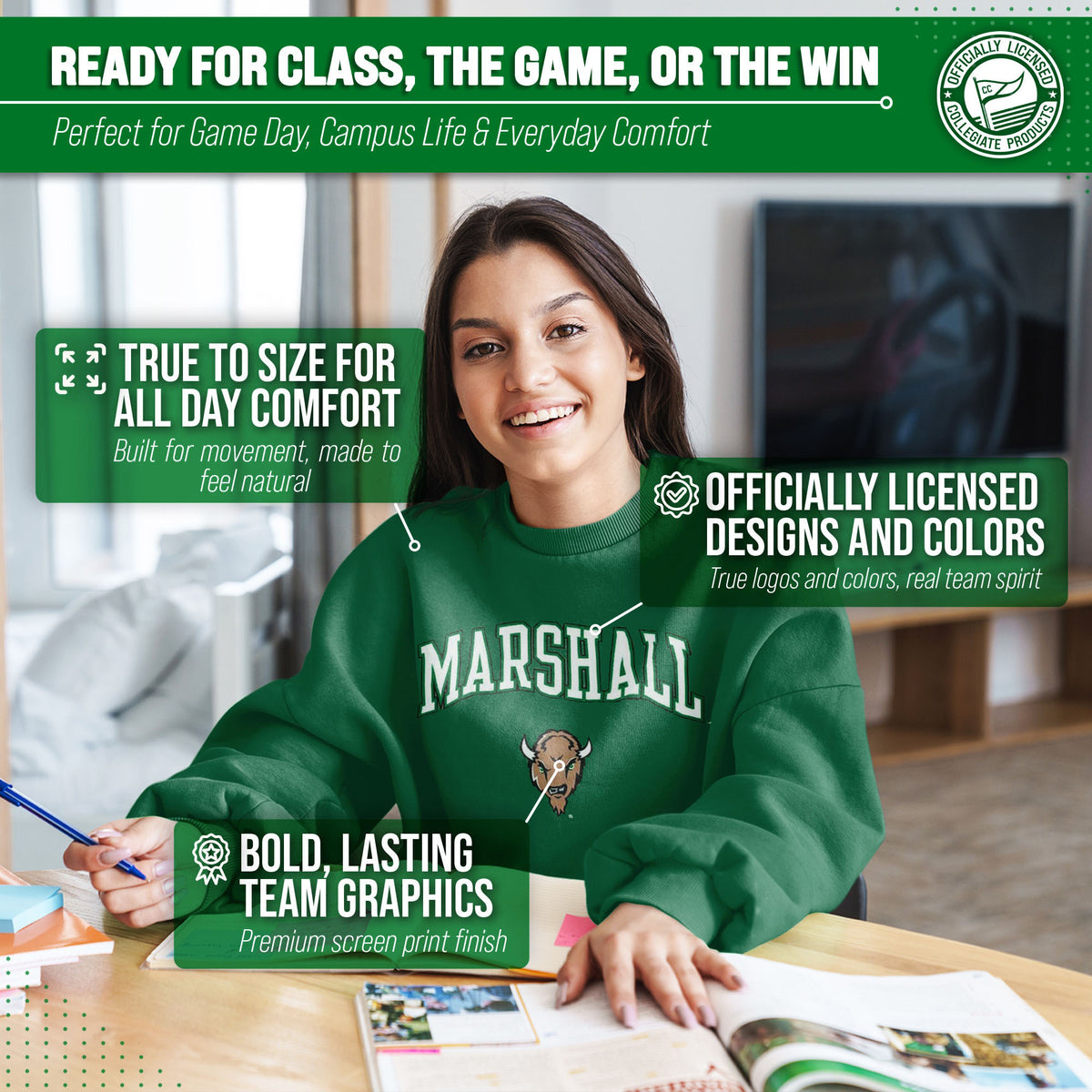 Marshall Thundering Herd Adult Arch & Logo Soft Style Gameday Crewneck Sweatshirt - Green