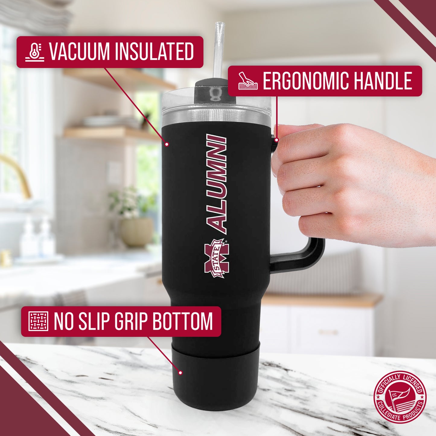 Mississippi State Bulldogs Collegiate 40oz Stainless Steel Travel Tumbler with Handle for Alumni - Black