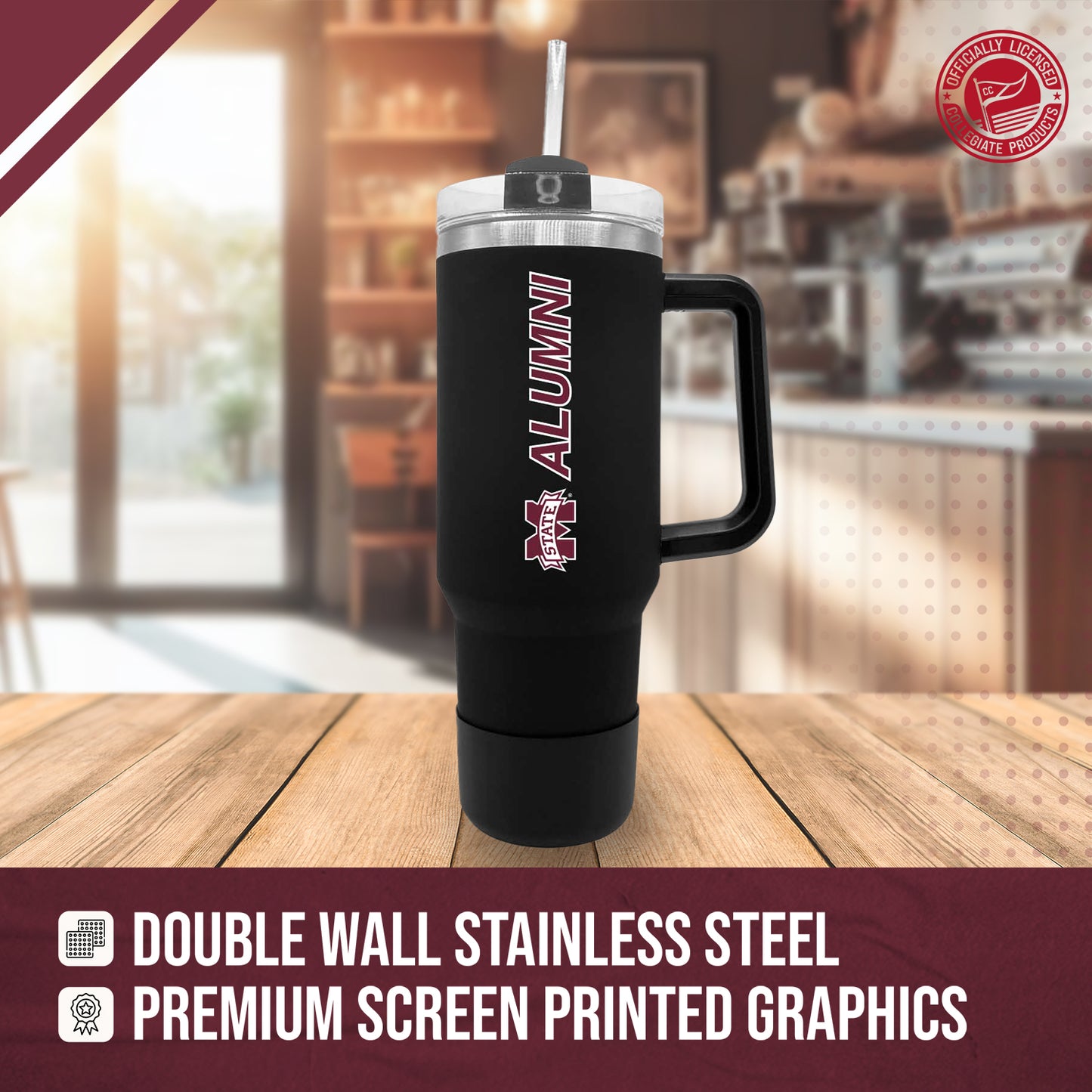 Mississippi State Bulldogs Collegiate 40oz Stainless Steel Travel Tumbler with Handle for Alumni - Black