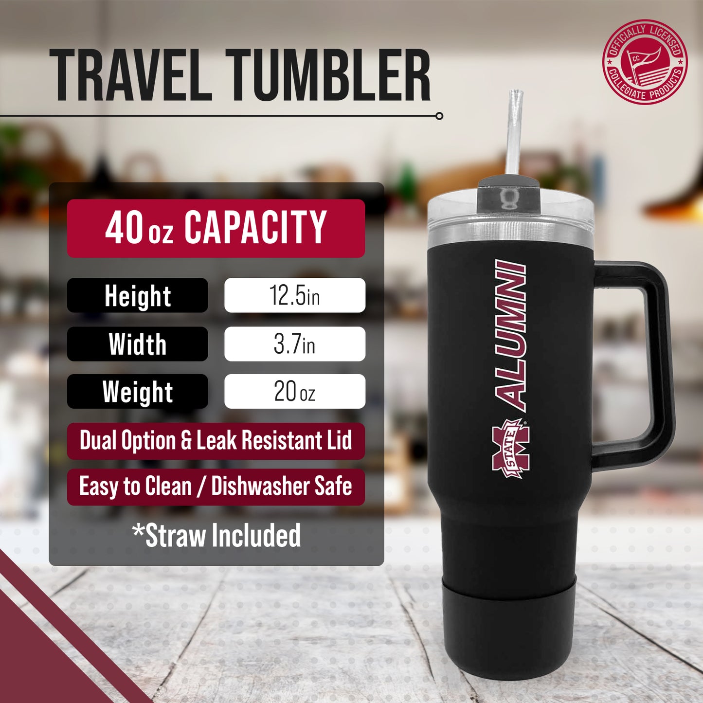 Mississippi State Bulldogs Collegiate 40oz Stainless Steel Travel Tumbler with Handle for Alumni - Black