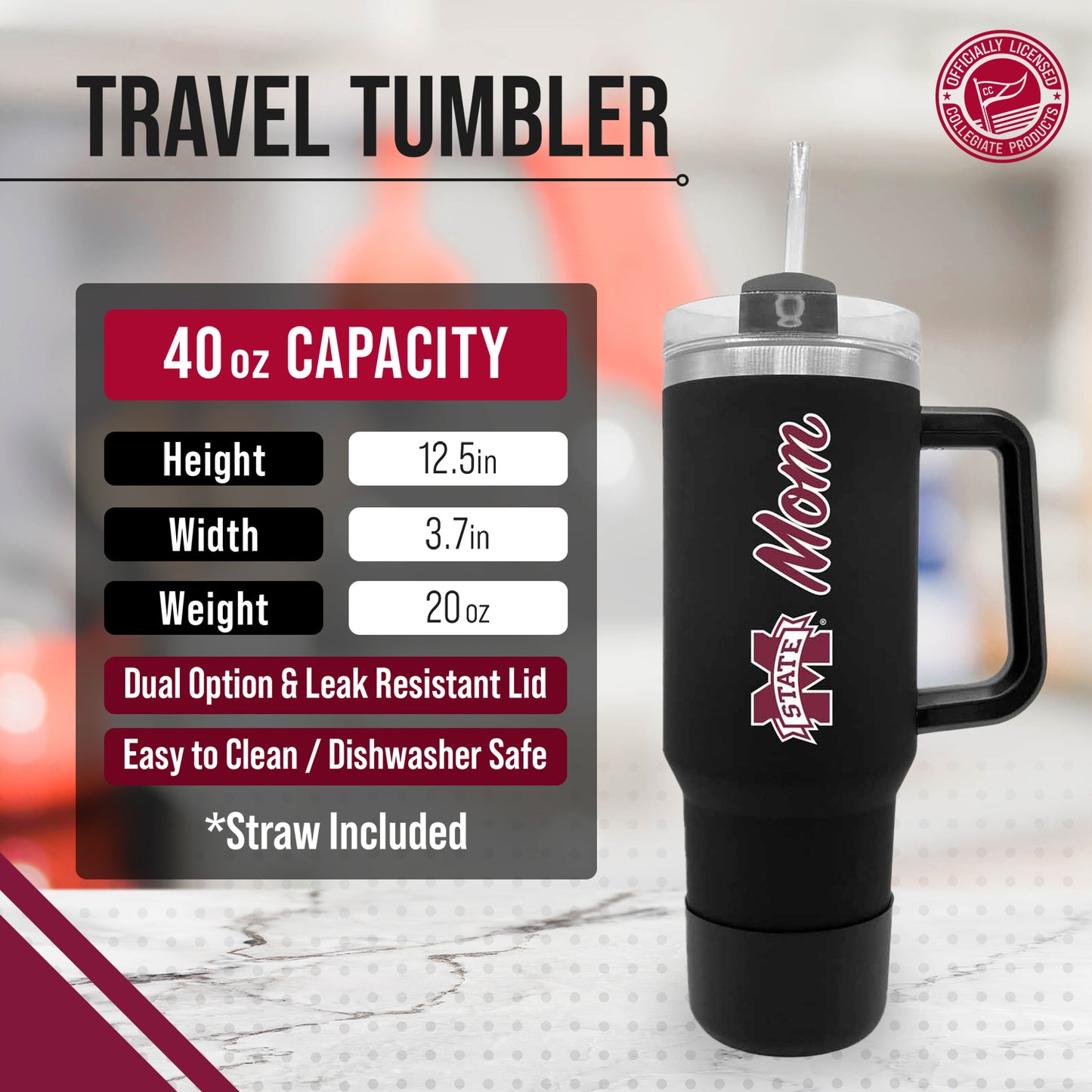 Mississippi State Bulldogs Collegiate 40oz Stainless Steel Travel Tumbler with Handle for Mom - Black