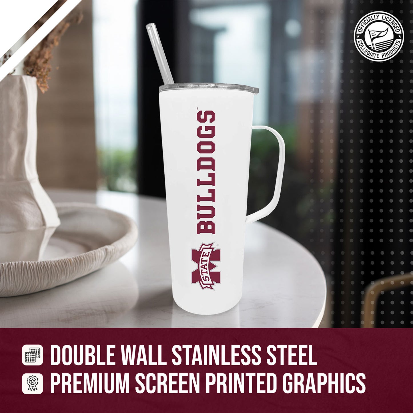 Mississippi State Bulldogs NCAA Stainless Steel 20oz Roadie With Handle & Dual Option Lid With Straw - White