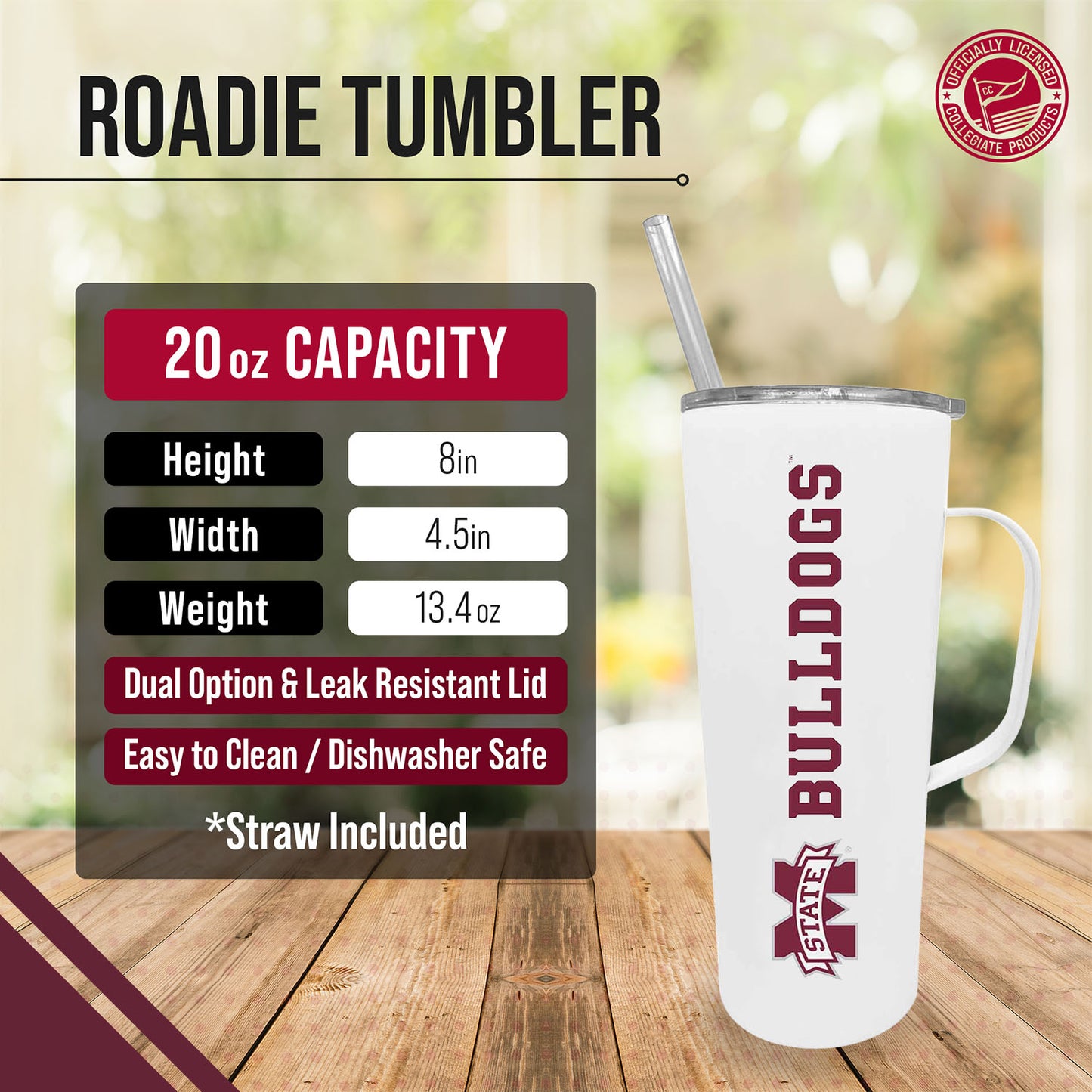 Mississippi State Bulldogs NCAA Stainless Steel 20oz Roadie With Handle & Dual Option Lid With Straw - White