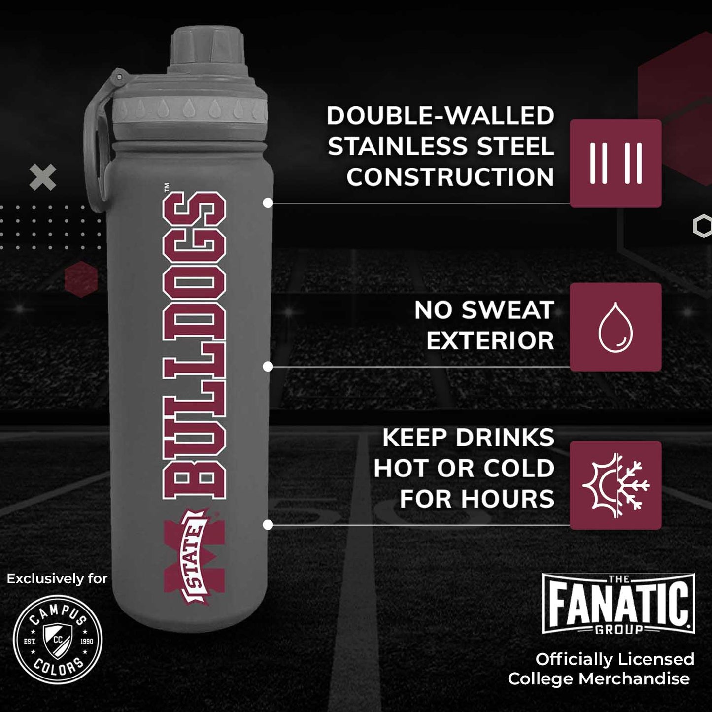 Mississippi State Bulldogs NCAA Stainless Steel Water Bottle - Sport Gray