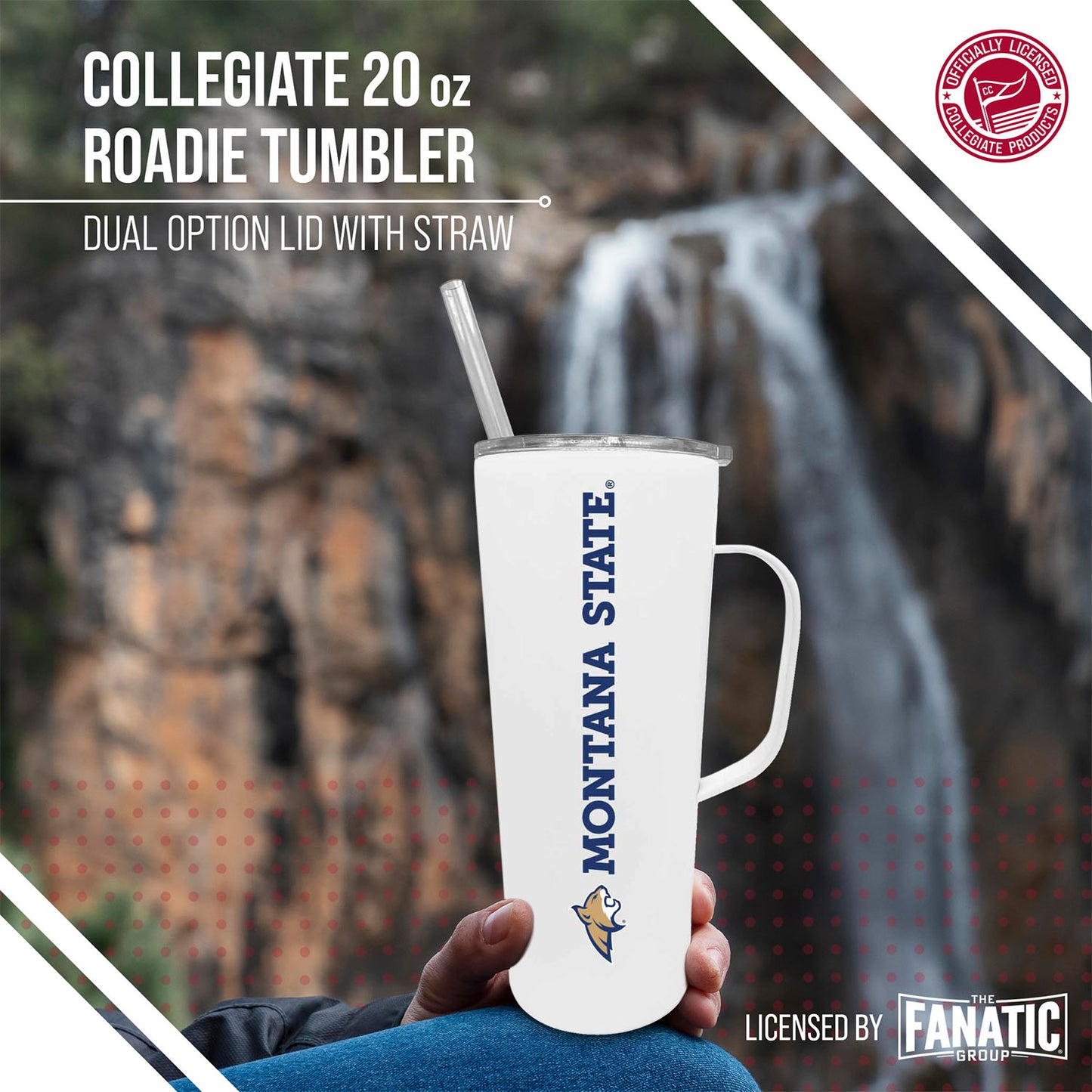 Montana State Bobcats NCAA Stainless Steel 20oz Roadie With Handle & Dual Option Lid With Straw - White