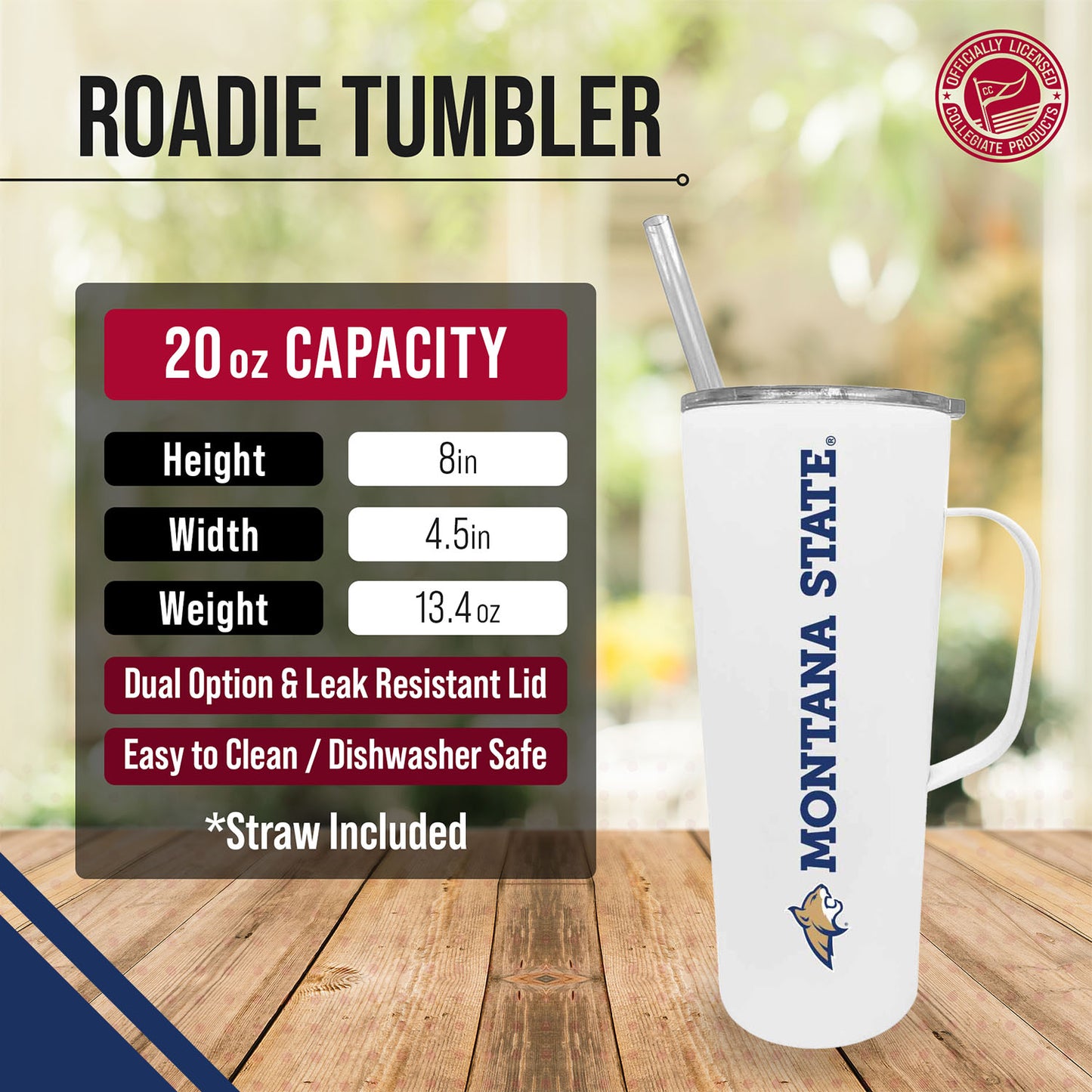 Montana State Bobcats NCAA Stainless Steel 20oz Roadie With Handle & Dual Option Lid With Straw - White