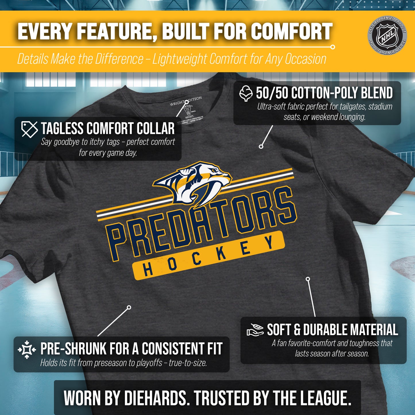 Nashville Predators Adult NHL Heather Charcoal True Fan Hockey T-Shirt - Charcoal