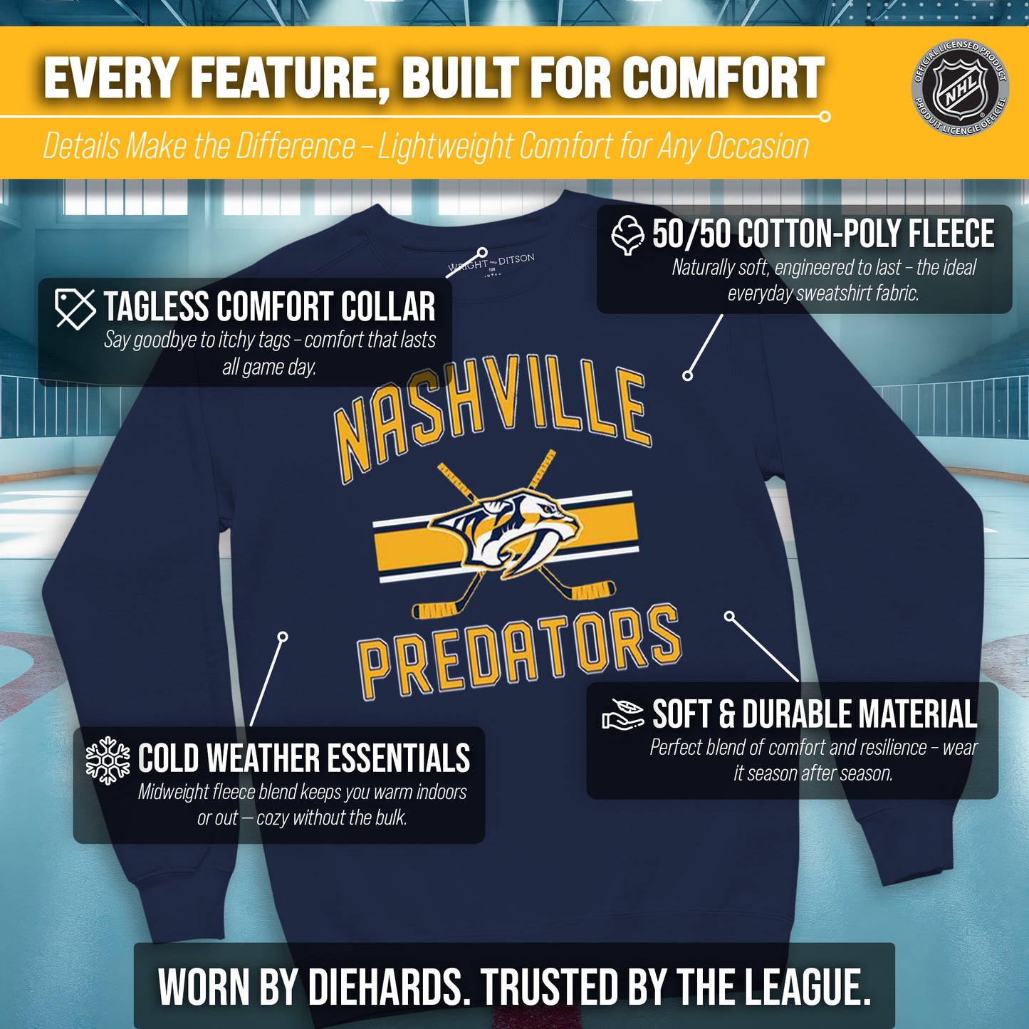 Nashville Predators Adult NHL Faceoff Hockey Fleece Crewneck Sweatshirt - Navy