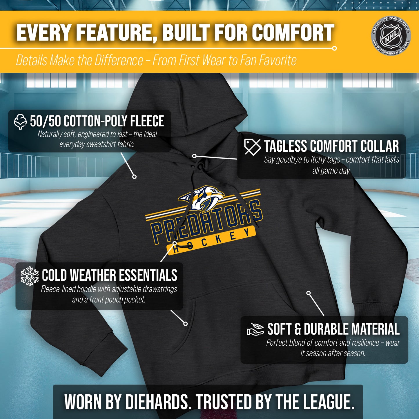 Nashville Predators NHL Adult Heather Charcoal True Fan Hooded Sweatshirt Unisex - Charcoal