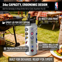 NBA Logo Brands  34oz Stainless Steel Vacuum Insulated Water Bottle with Flip Straw Lid and Carry Handle - White