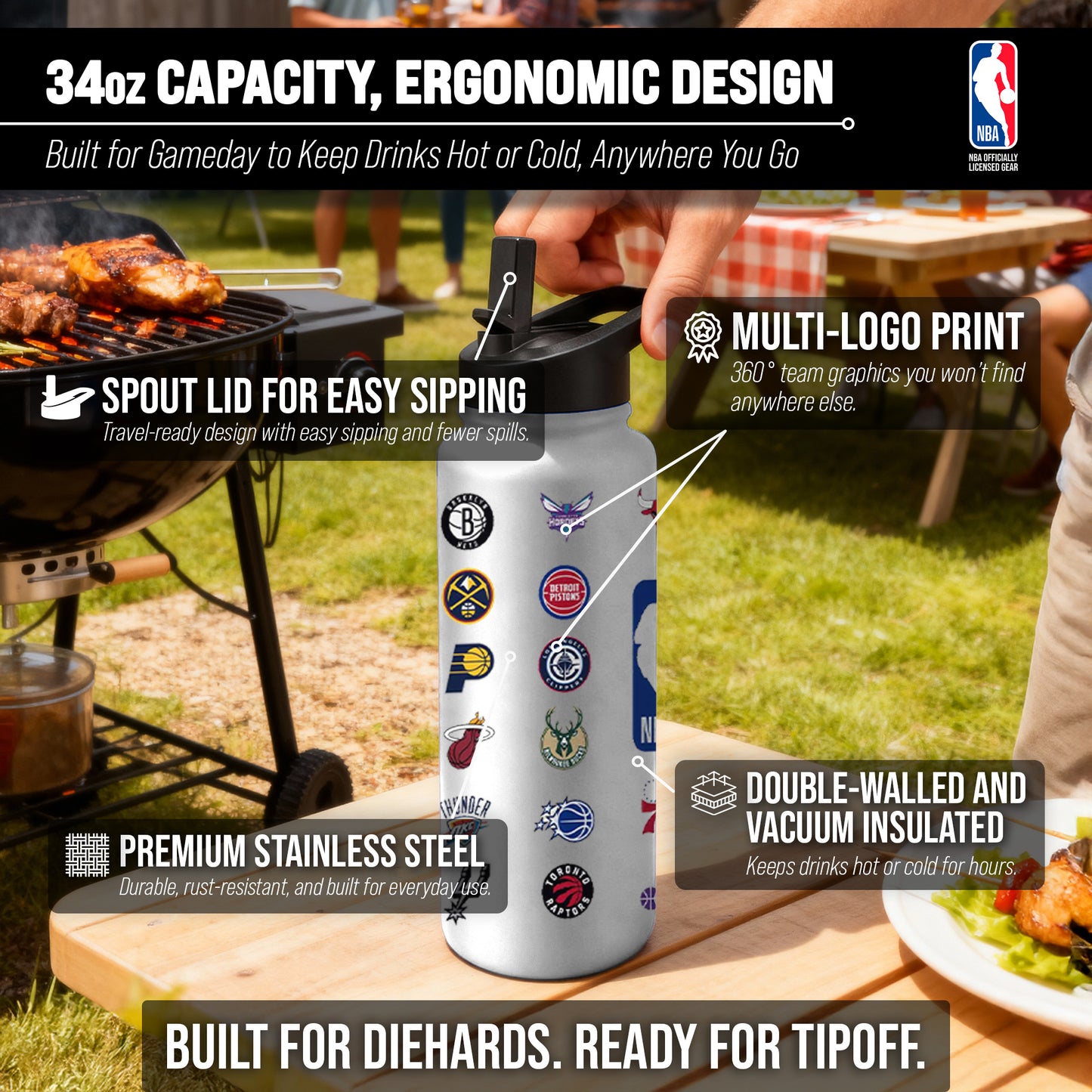 NBA Logo Brands  34oz Stainless Steel Vacuum Insulated Water Bottle with Flip Straw Lid and Carry Handle - White
